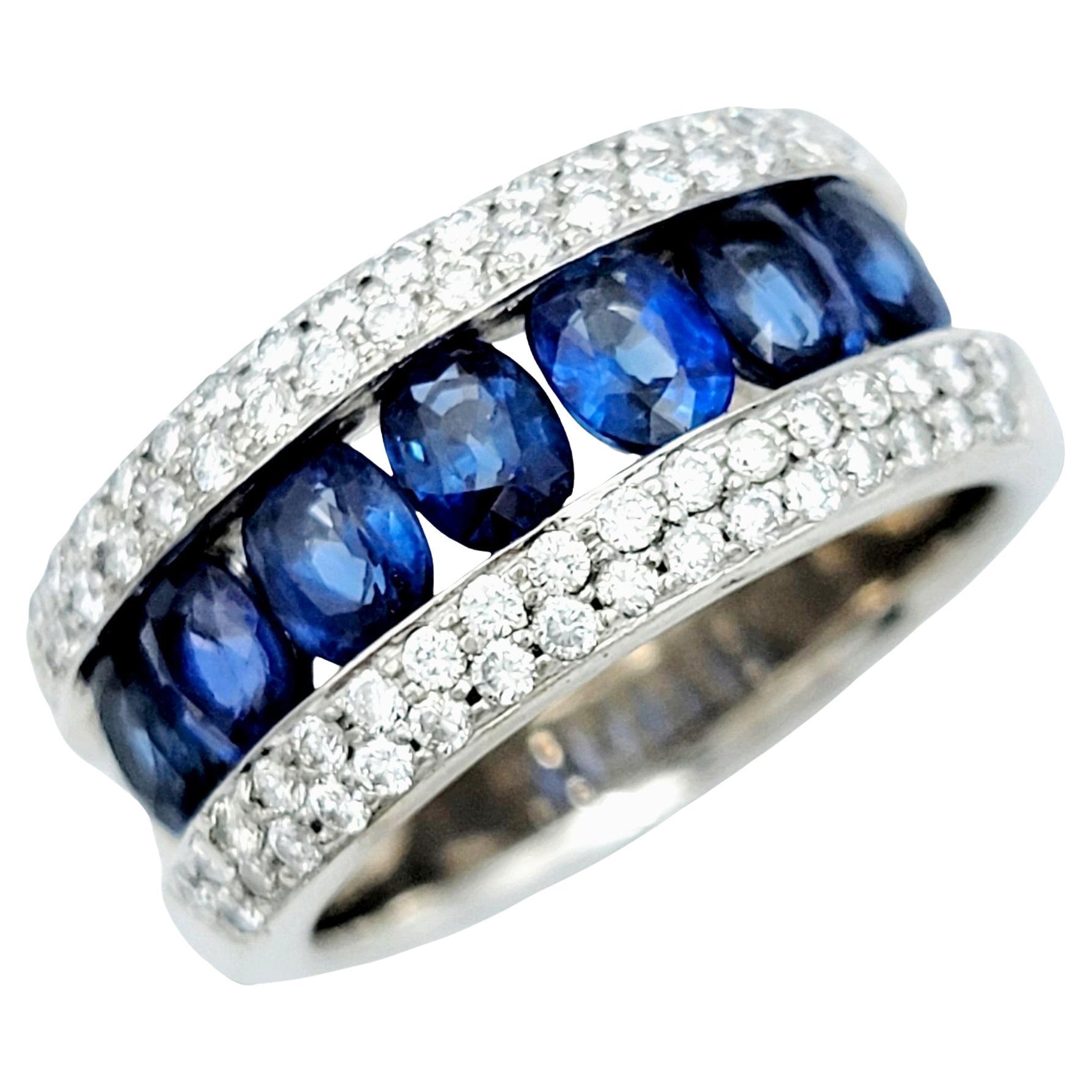 Oval Blue Sapphire and Round Diamond Band Ring in 14 Karat White Gold For Sale