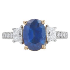 Oval Blue Sapphire and Trapezoid Diamond Three Stone Ring 18K Two Tone Gold