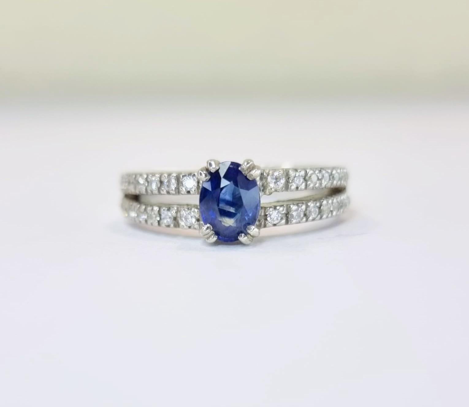 Oval Blue Sapphire and Zircon Engagement Ring with Distinctive Double Band For Sale 7