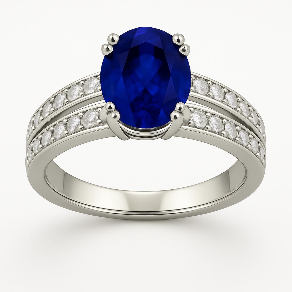 Bague de fiançailles ovale en saphir bleu naturel et zircon avec double anneau distinctif

Cette exquise bague de 6,8 x 6,6 mm est ornée d'un saphir bleu ovale de 1ct qui constitue sa pièce maîtresse. La forme ovale élégante de la pierre précieuse