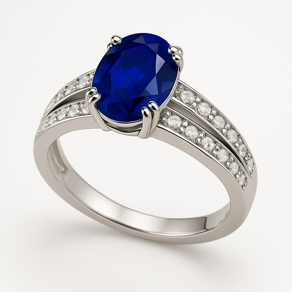 Bague de fiançailles ovale en saphir bleu et zircon avec double anneau distinctif en vente 2