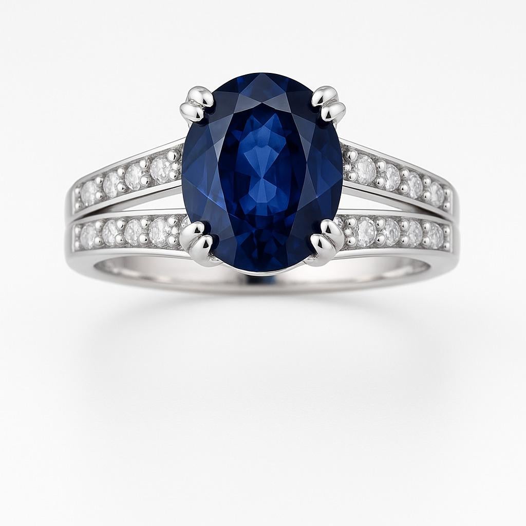 Moderne Bague de fiançailles ovale en saphir bleu et zircon avec double anneau distinctif en vente