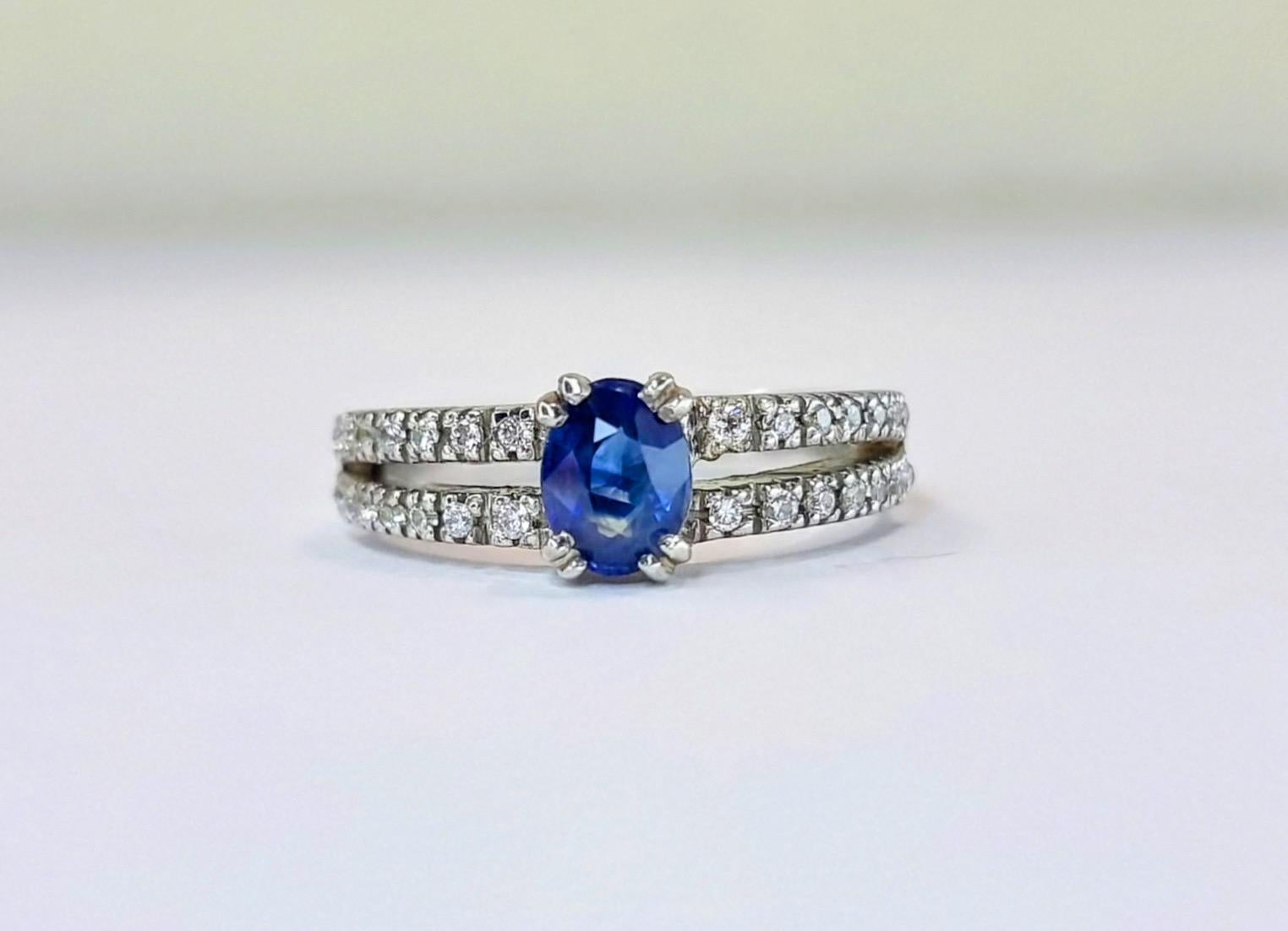 Modern Oval Blue Sapphire and Zircon Engagement Ring with Distinctive Double Band For Sale