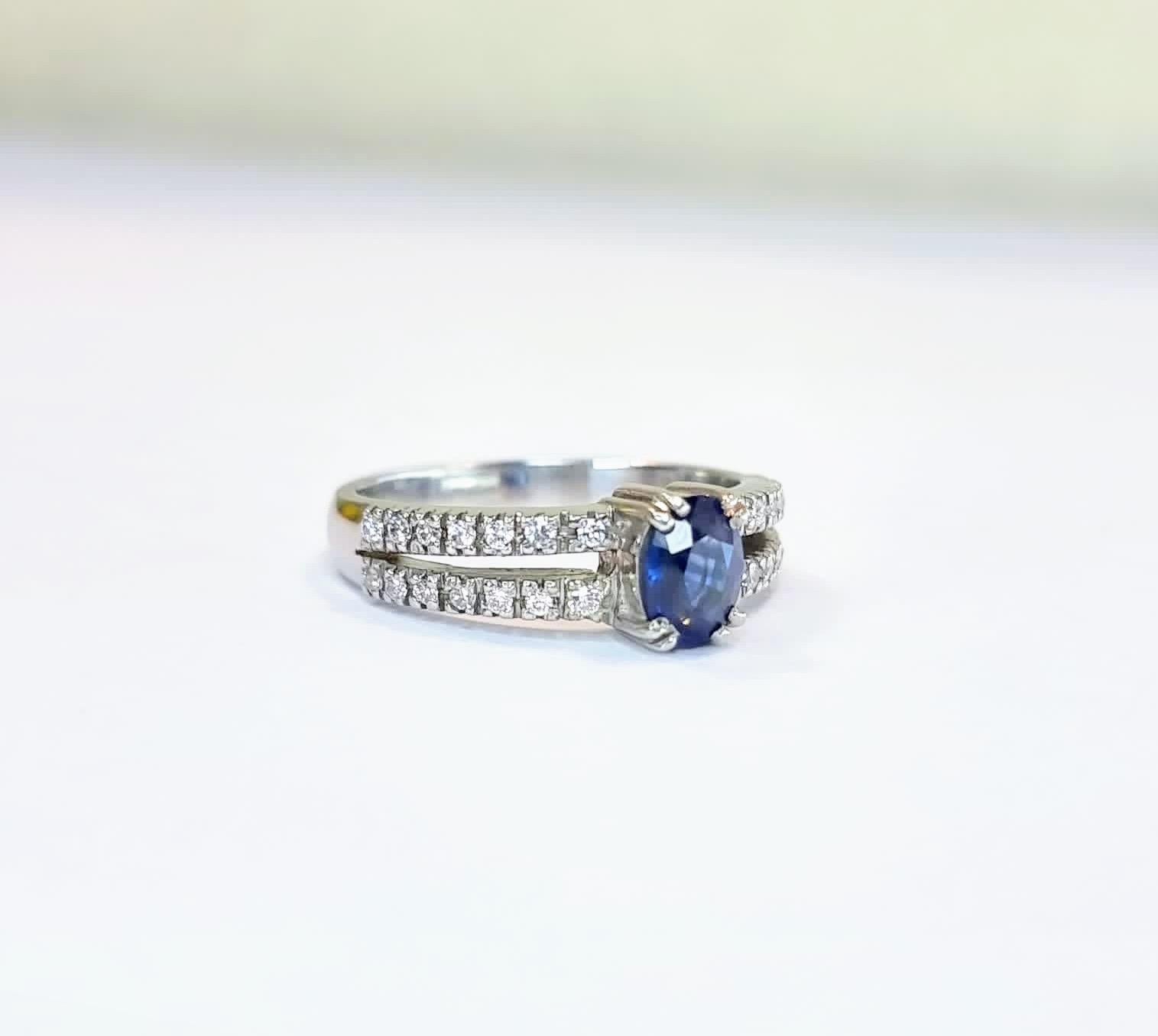 Women's or Men's Oval Blue Sapphire and Zircon Engagement Ring with Distinctive Double Band For Sale