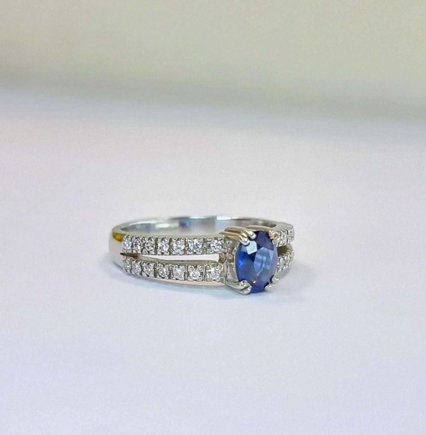 Oval Blue Sapphire and Zircon Engagement Ring with Distinctive Double Band For Sale 1