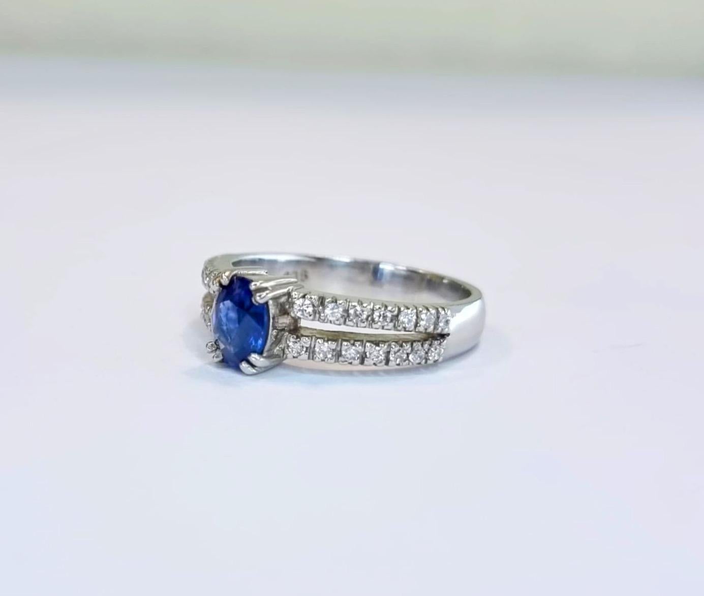 Oval Blue Sapphire and Zircon Engagement Ring with Distinctive Double Band For Sale 2