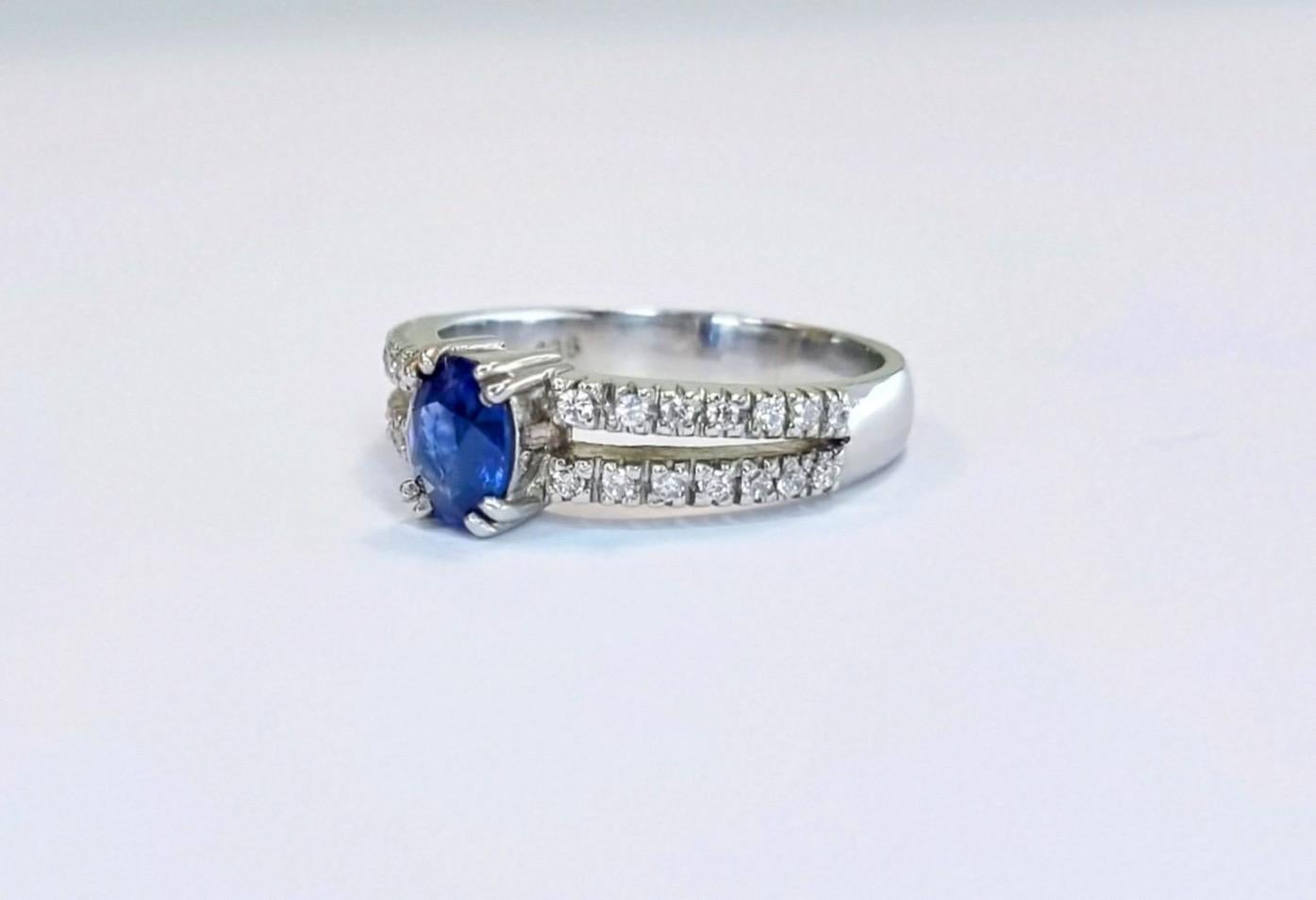 Oval Blue Sapphire and Zircon Engagement Ring with Distinctive Double Band For Sale 3