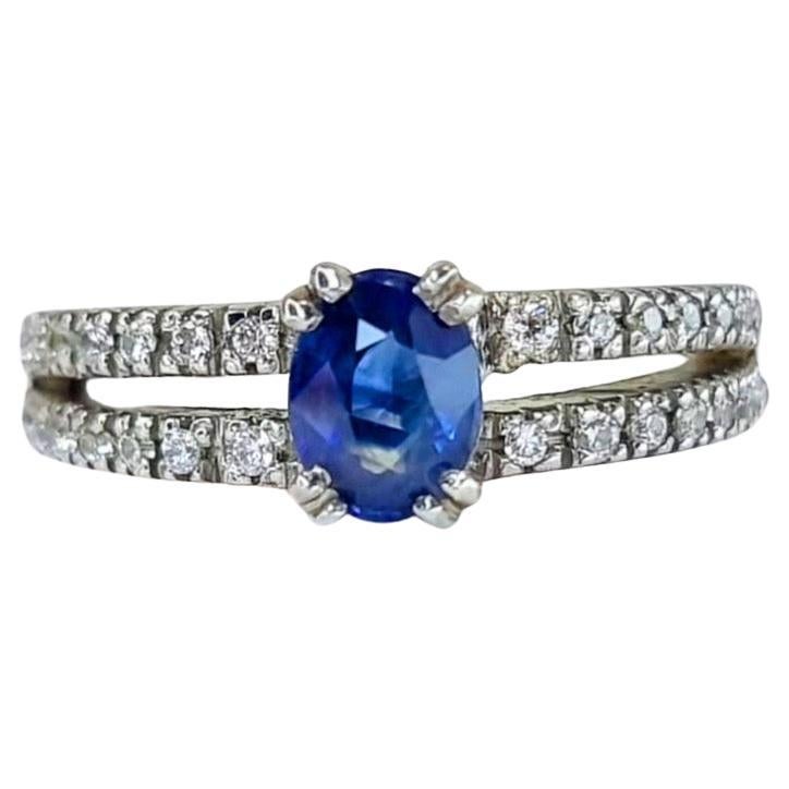 Oval Blue Sapphire and Zircon Engagement Ring with Distinctive Double Band For Sale