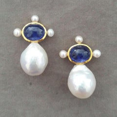 Oval Blue Sapphire Cabs 14k Yellow Gold Pear Shape Baroque Pearls Stud Earrings