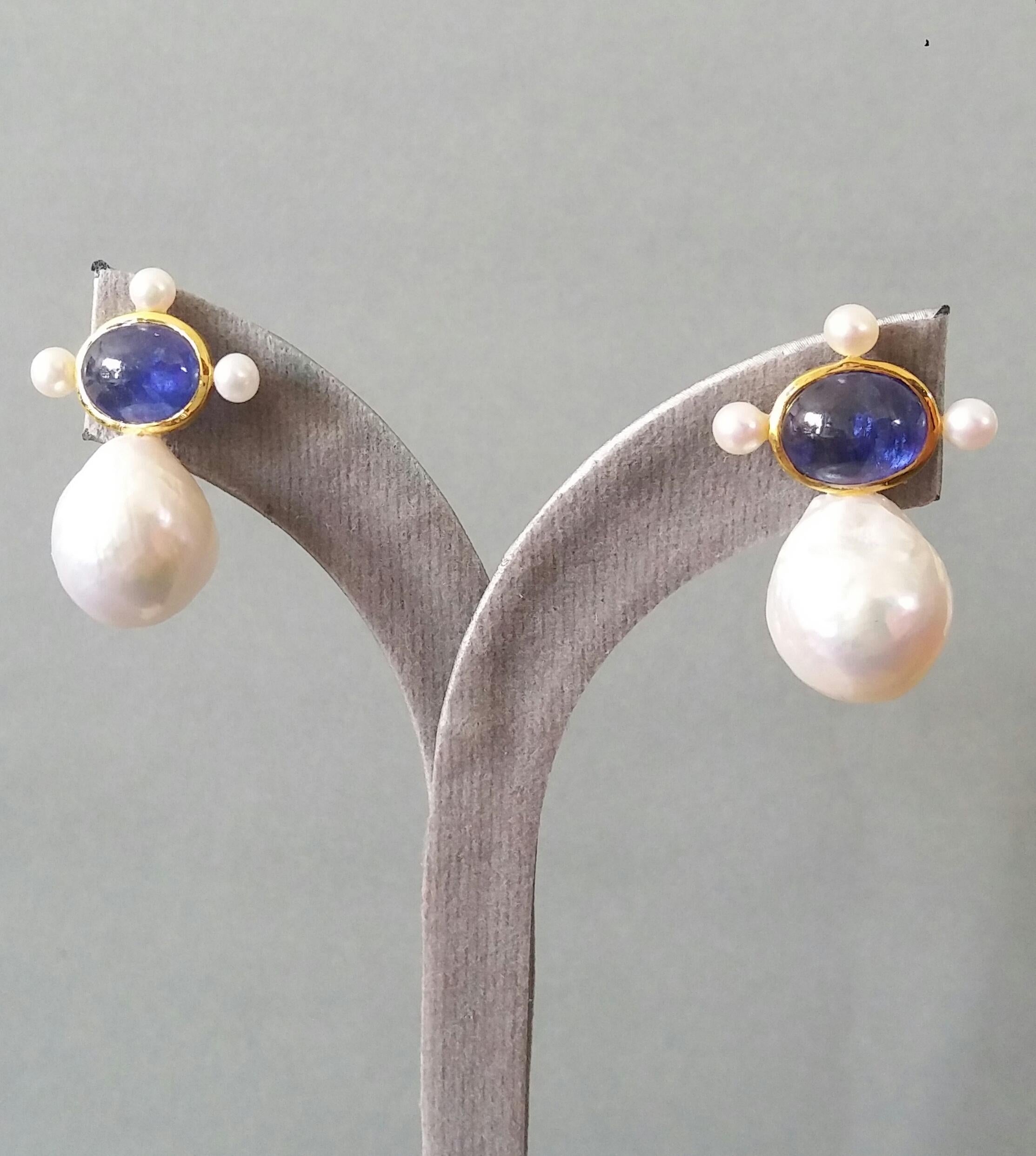 Oval Blue Sapphire Cabs 14k Yellow Gold Pear Shape Baroque Pearls Stud Earrings For Sale 1