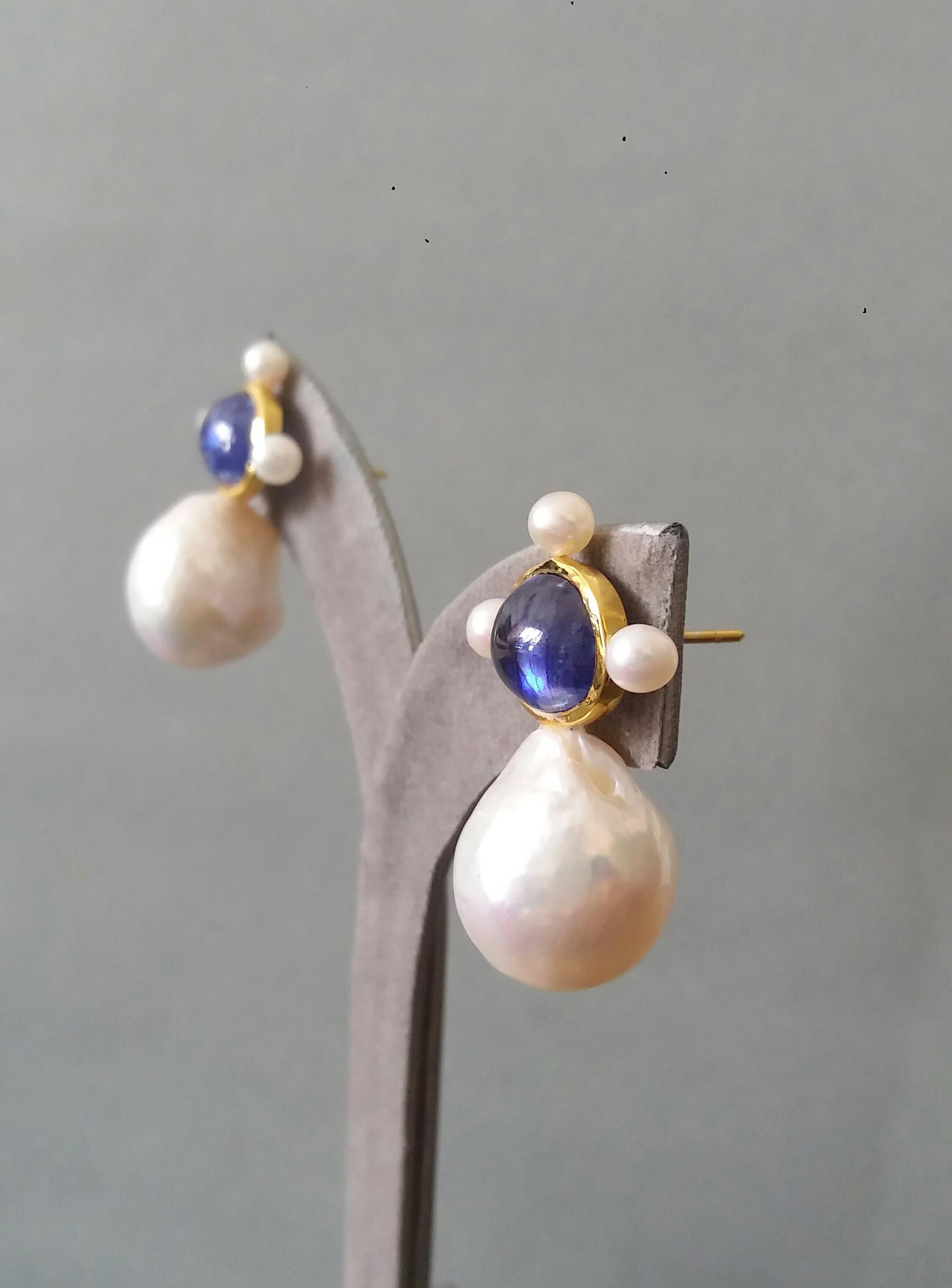 Oval Blue Sapphire Cabs 14k Yellow Gold Pear Shape Baroque Pearls Stud Earrings For Sale 2