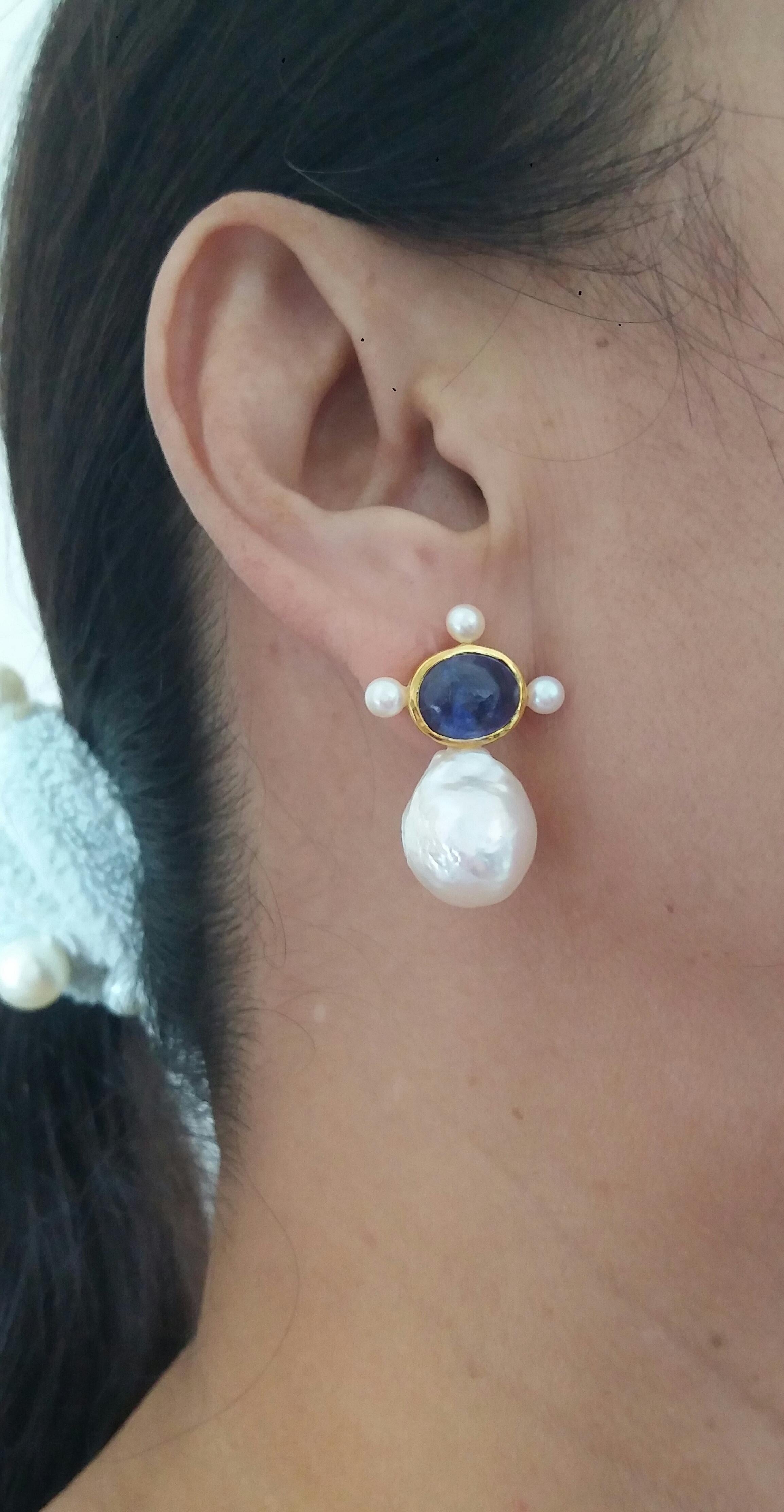 Oval Blue Sapphire Cabs 14k Yellow Gold Pear Shape Baroque Pearls Stud Earrings For Sale 3