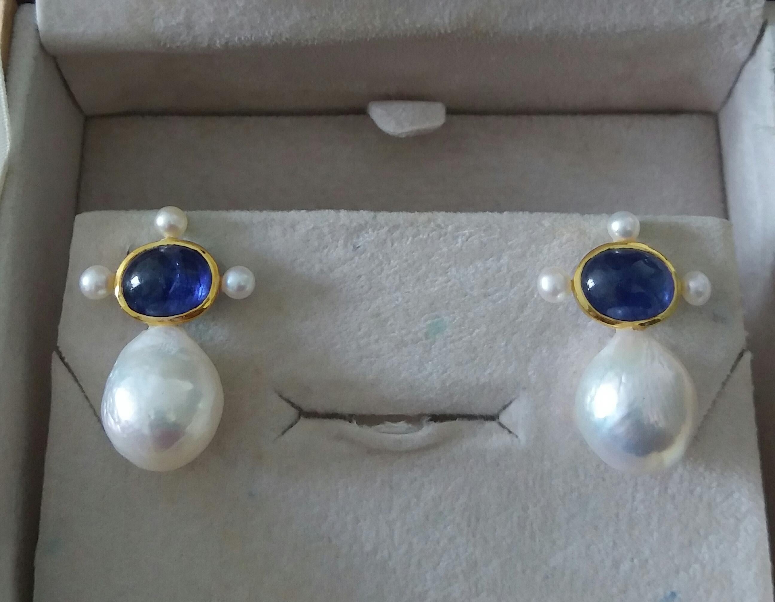 Oval Cut Oval Blue Sapphire Cabs 14k Yellow Gold Pear Shape Baroque Pearls Stud Earrings For Sale
