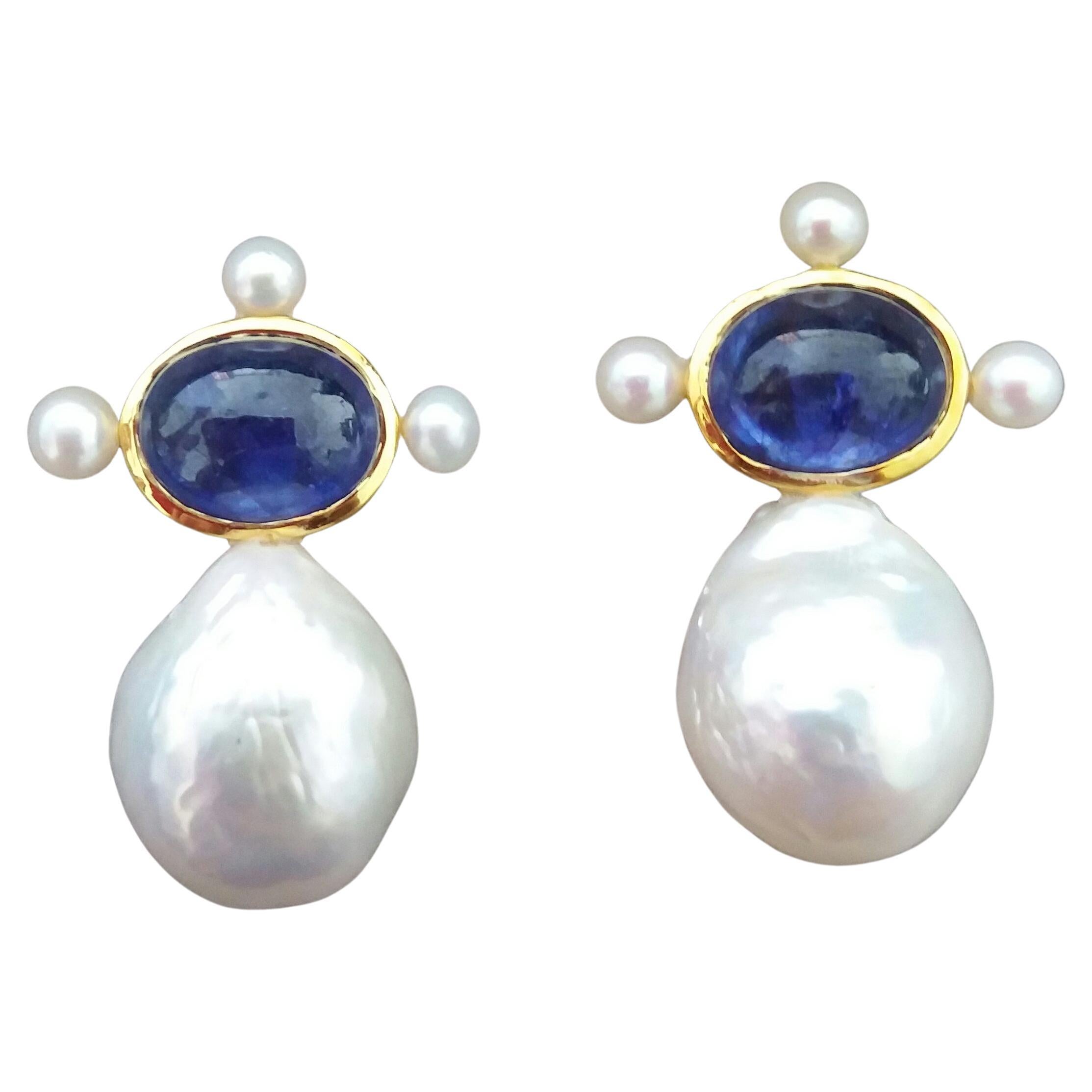 Oval Blue Sapphire Cabs 14k Yellow Gold Pear Shape Baroque Pearls Stud Earrings