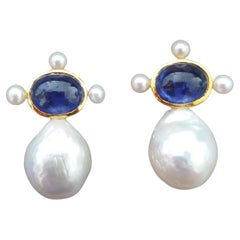 Oval Blue Sapphire Cabs 14k Yellow Gold Pear Shape Baroque Pearls Stud Earrings