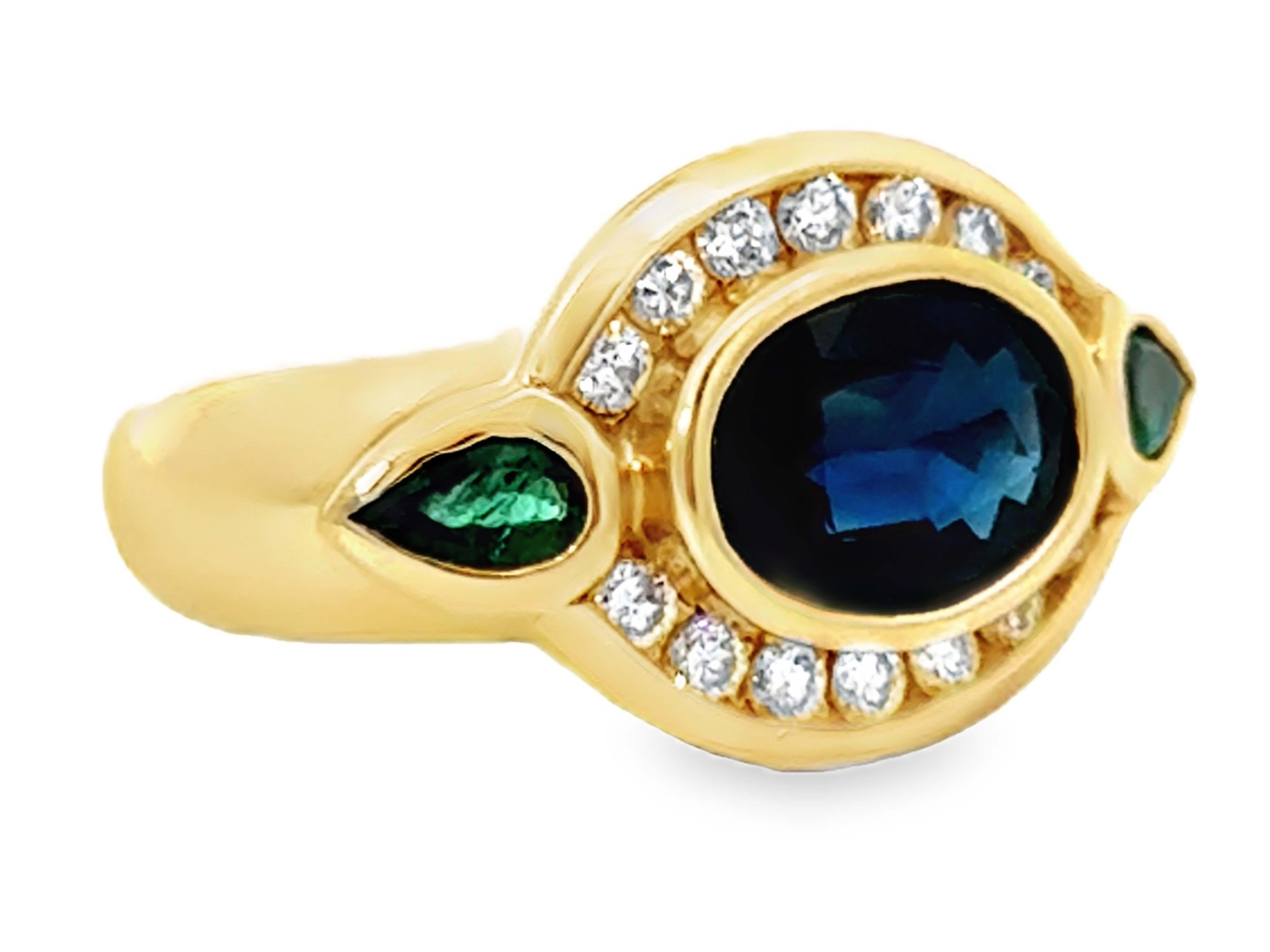 Oval Cut Oval Blue Sapphire Channel Set Diamond Halo Emerald Ring 14K Yellow Gold For Sale