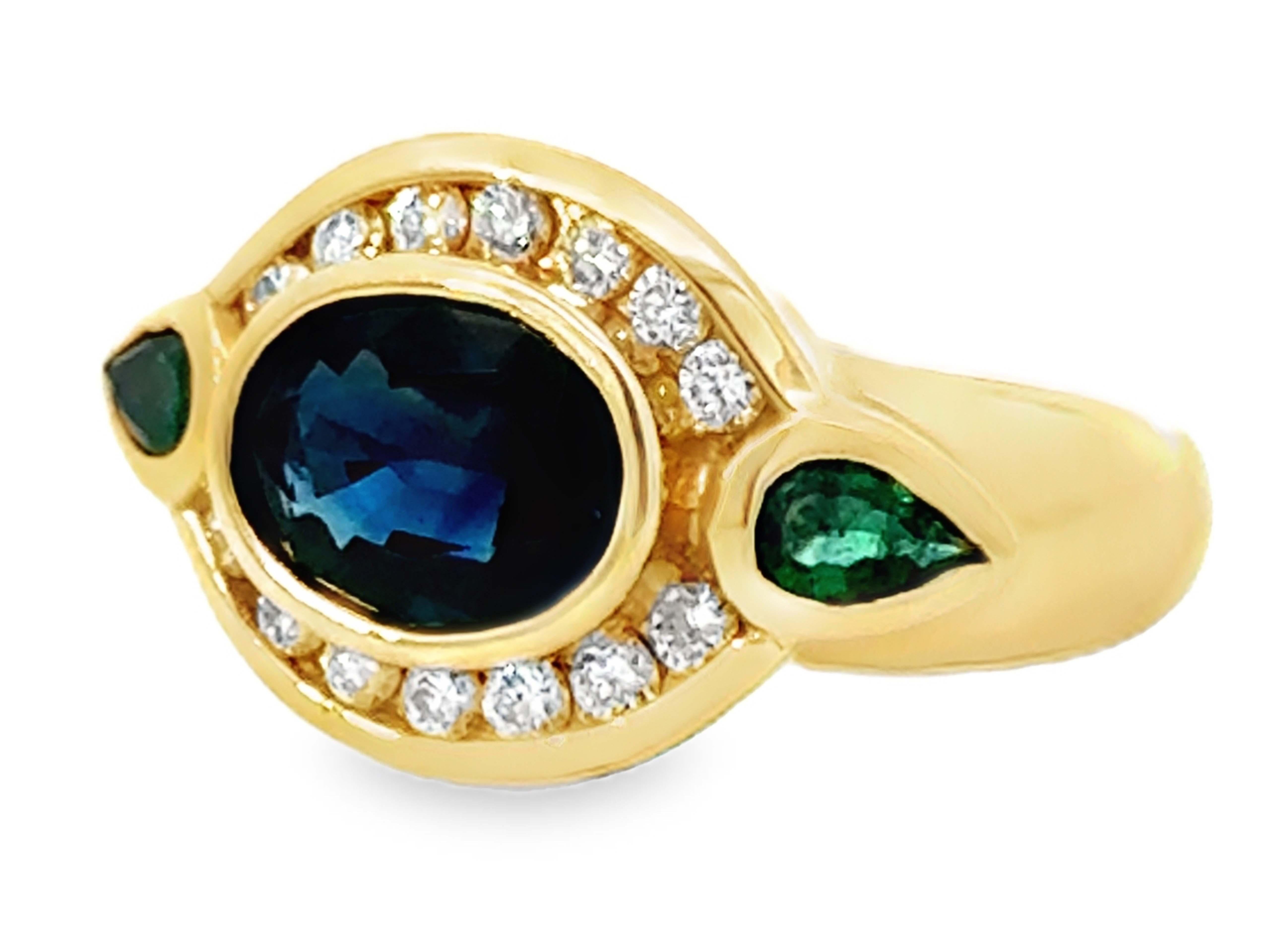 Oval Blue Sapphire Channel Set Diamond Halo Emerald Ring 14K Yellow Gold In Excellent Condition For Sale In Honolulu, HI