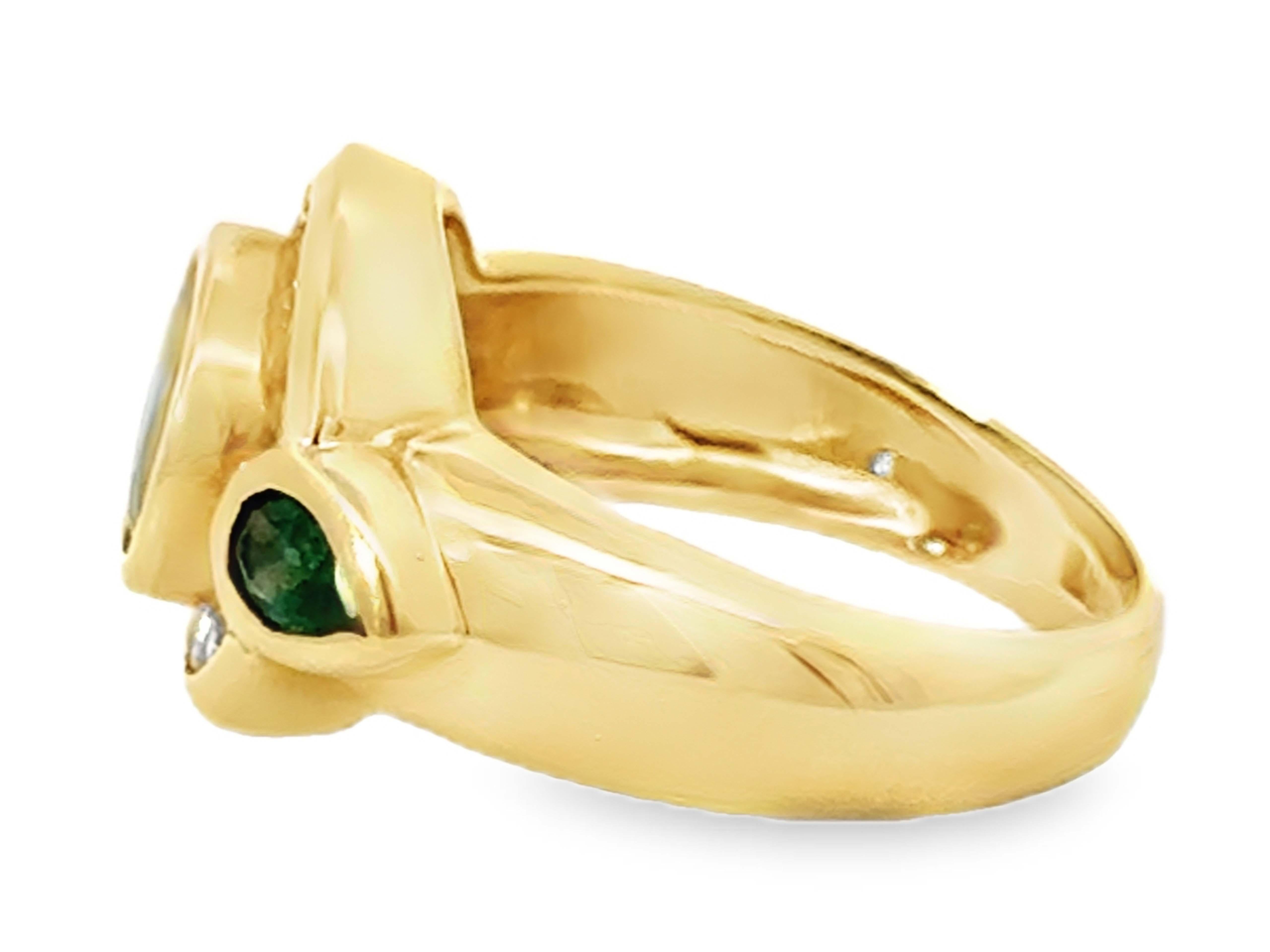Oval Blue Sapphire Channel Set Diamond Halo Emerald Ring 14K Yellow Gold For Sale 1