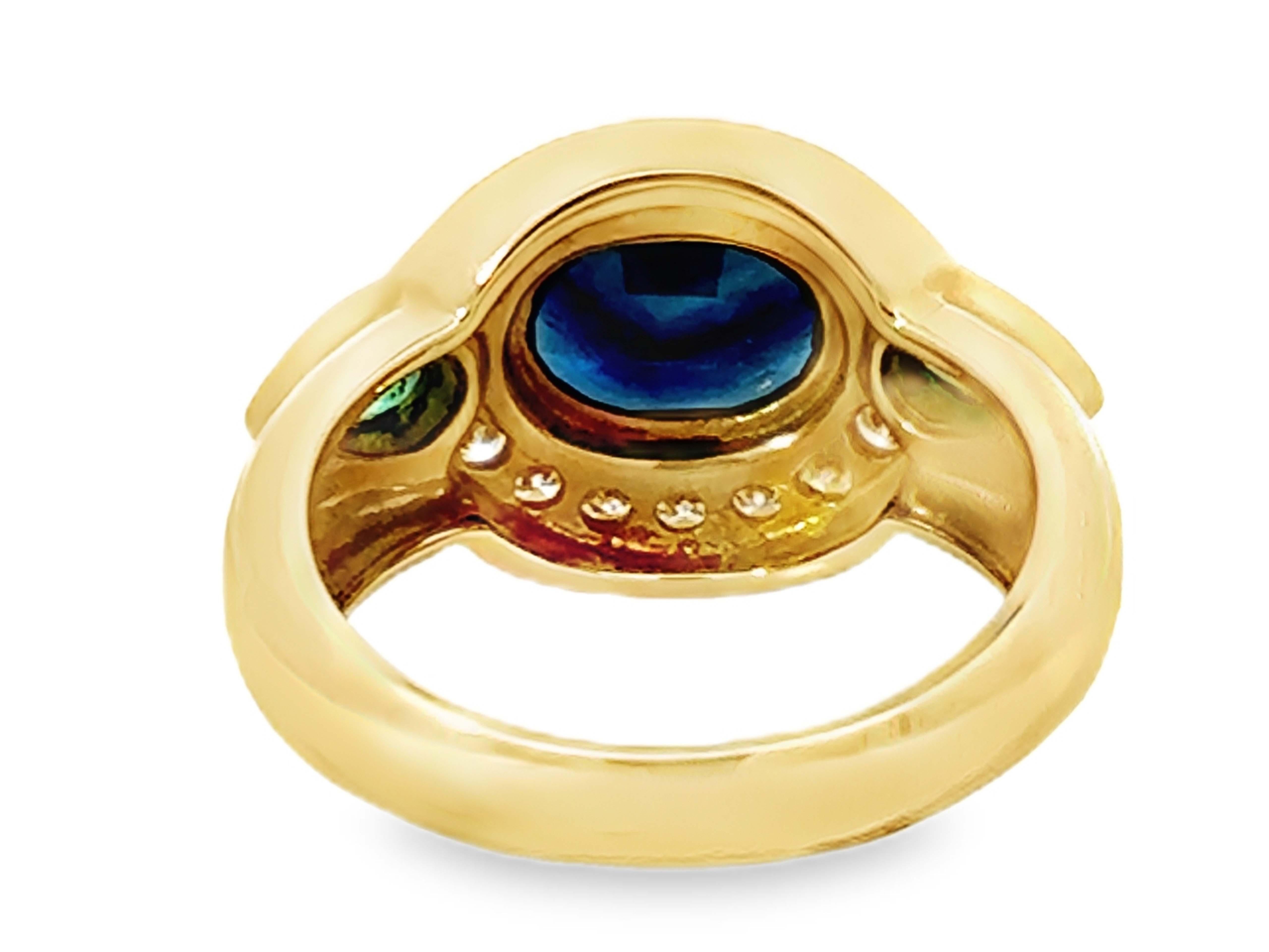 Oval Blue Sapphire Channel Set Diamond Halo Emerald Ring 14K Yellow Gold For Sale 2