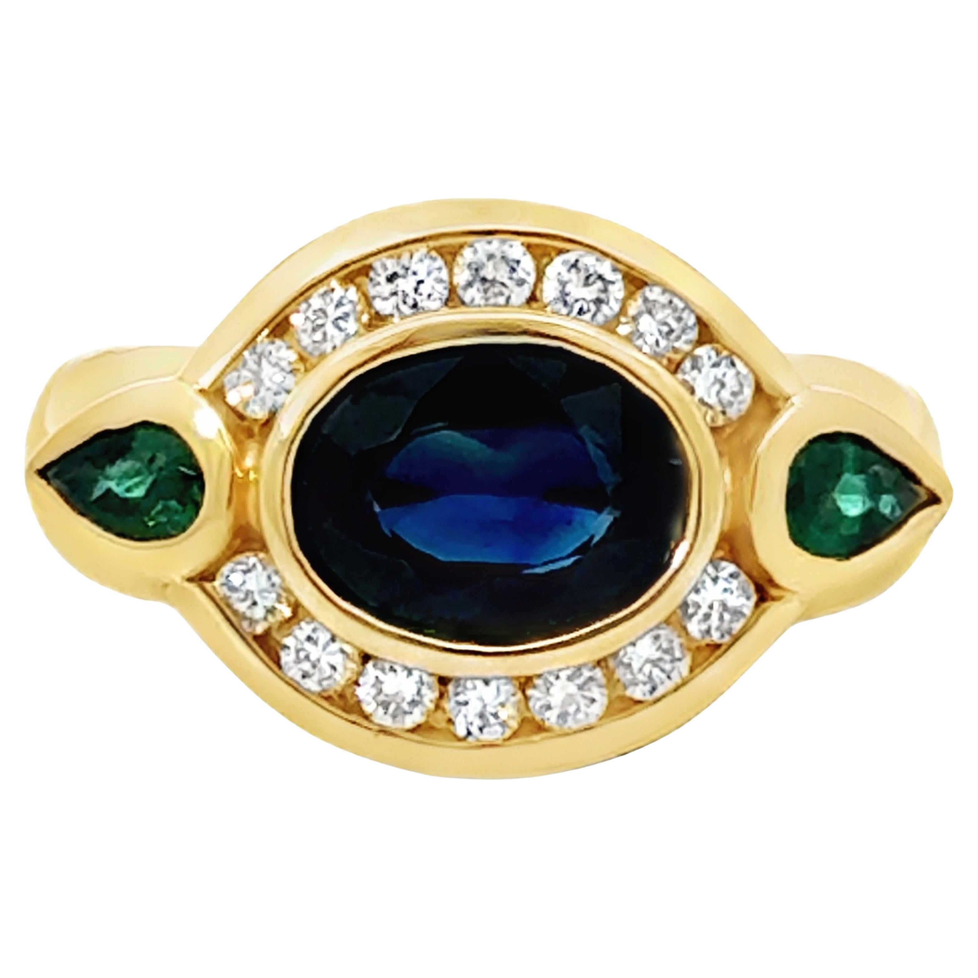 Oval Blue Sapphire Channel Set Diamond Halo Emerald Ring 14K Yellow Gold