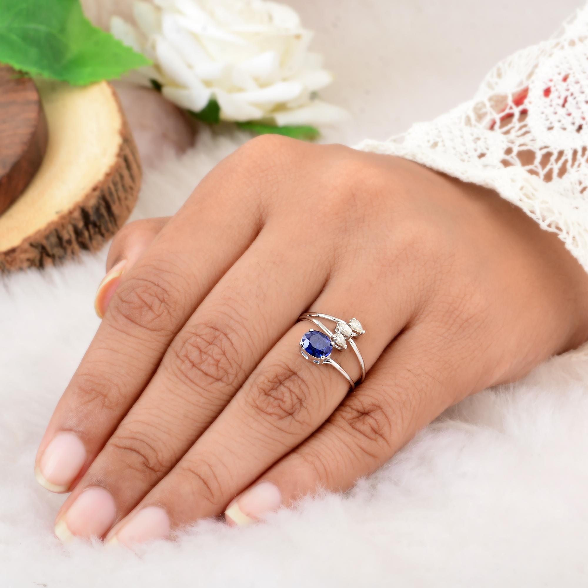 For Sale:  Oval Blue Sapphire Designer Ring Pear Diamond 10 Karat White Gold Fine Jewelry 3