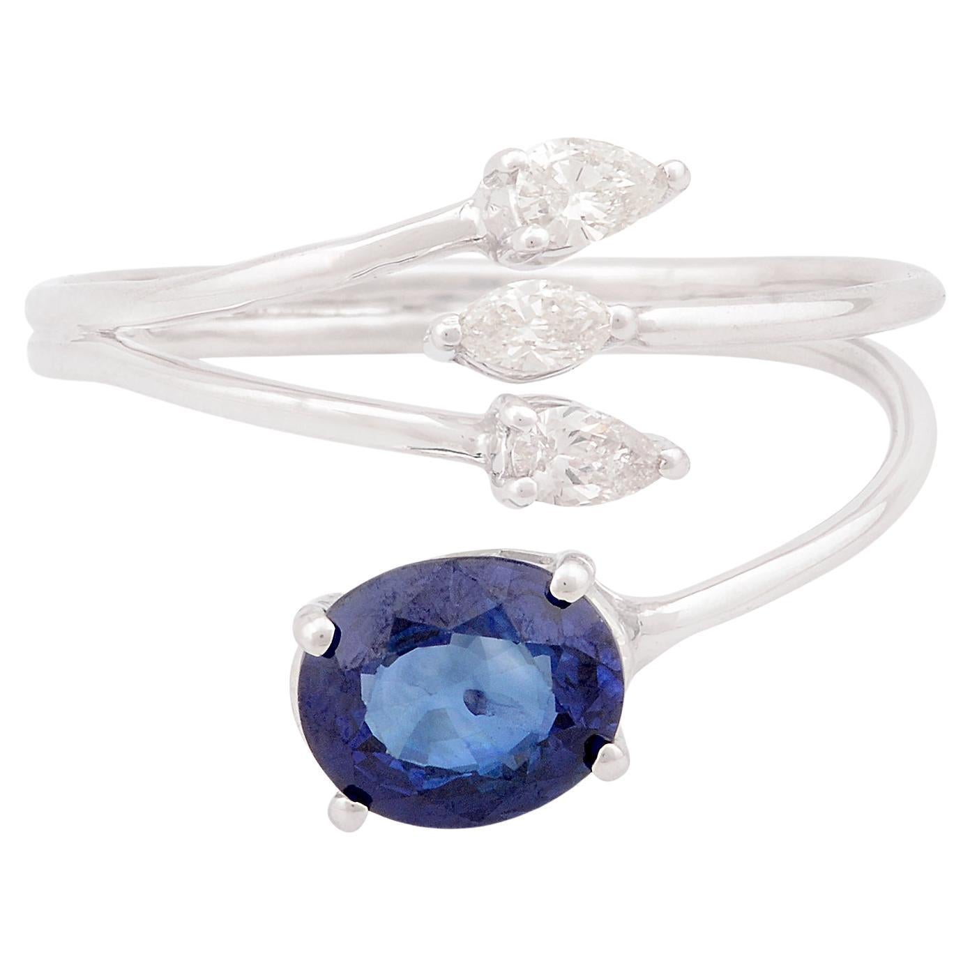 Zafiro azul ovalado Anillo de diseño Diamante pera Oro blanco de 10 quilates Joyería fina