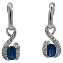 Oval Blue Sapphire Diamond 18 Karat White Gold Drop Dangle Earrings La Pousette