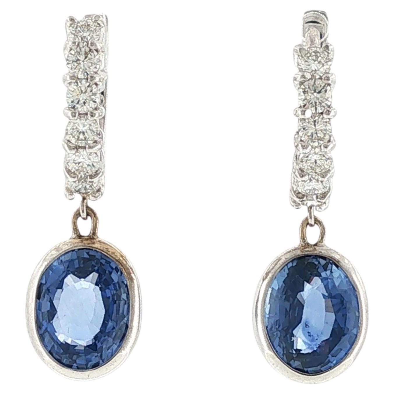 Oval Blue Sapphire Diamond 18 Karat White Gold Drop Modern Dangle Earrings