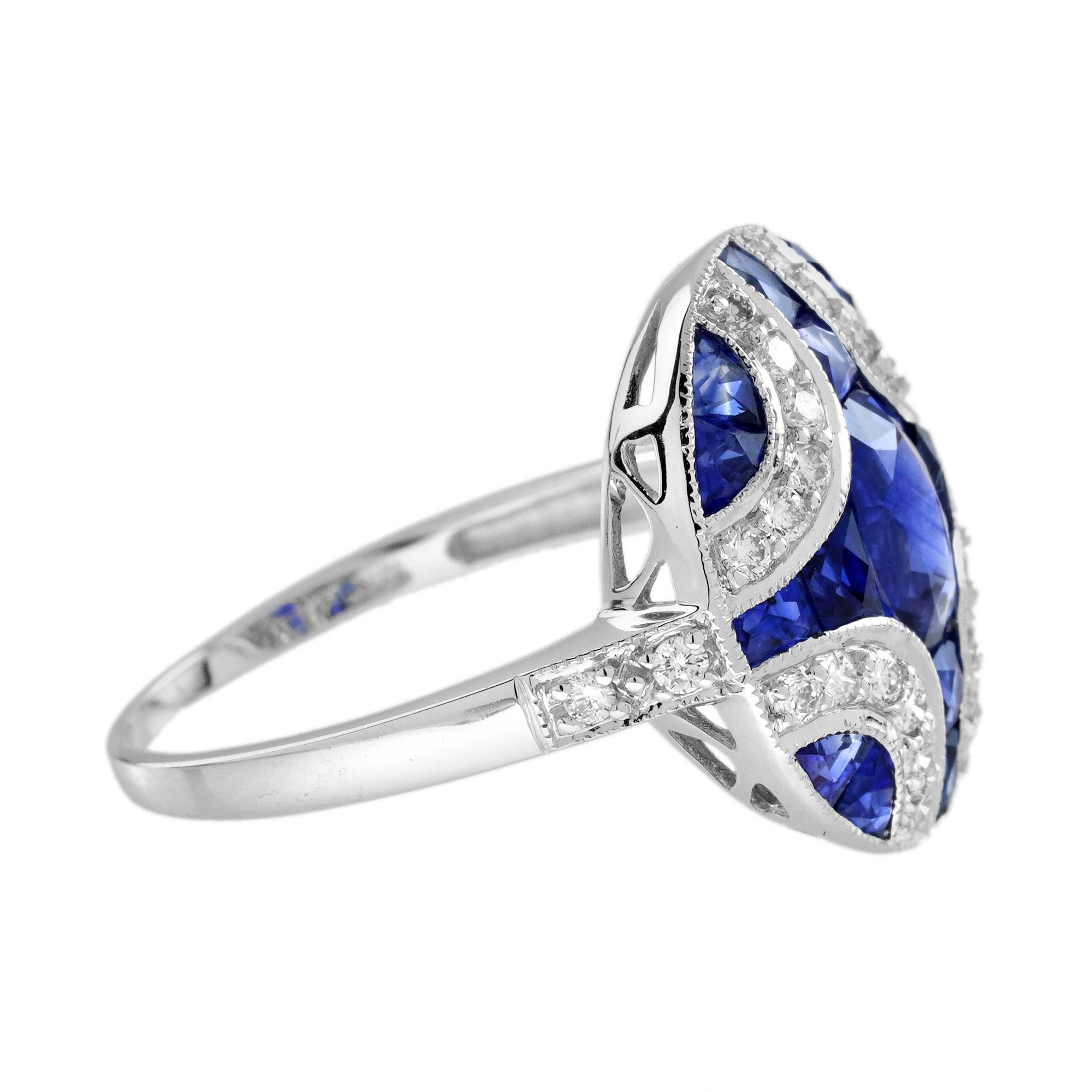 Taille ovale Bague de fiançailles en or blanc 18 carats, saphir bleu ovale et diamant, style Art déco en vente