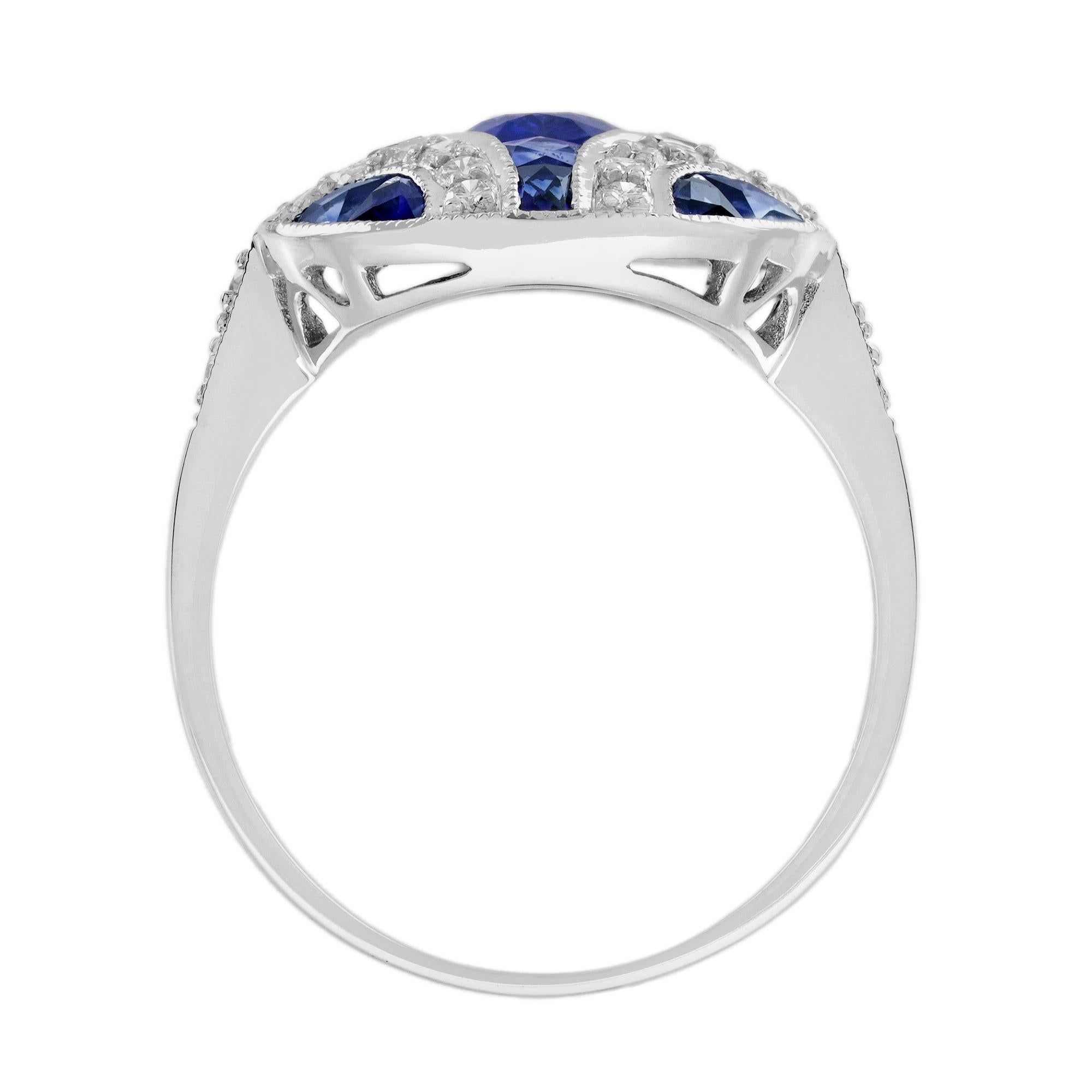 Bague de fiançailles en or blanc 18 carats, saphir bleu ovale et diamant, style Art déco Neuf - En vente à Oakton, VA