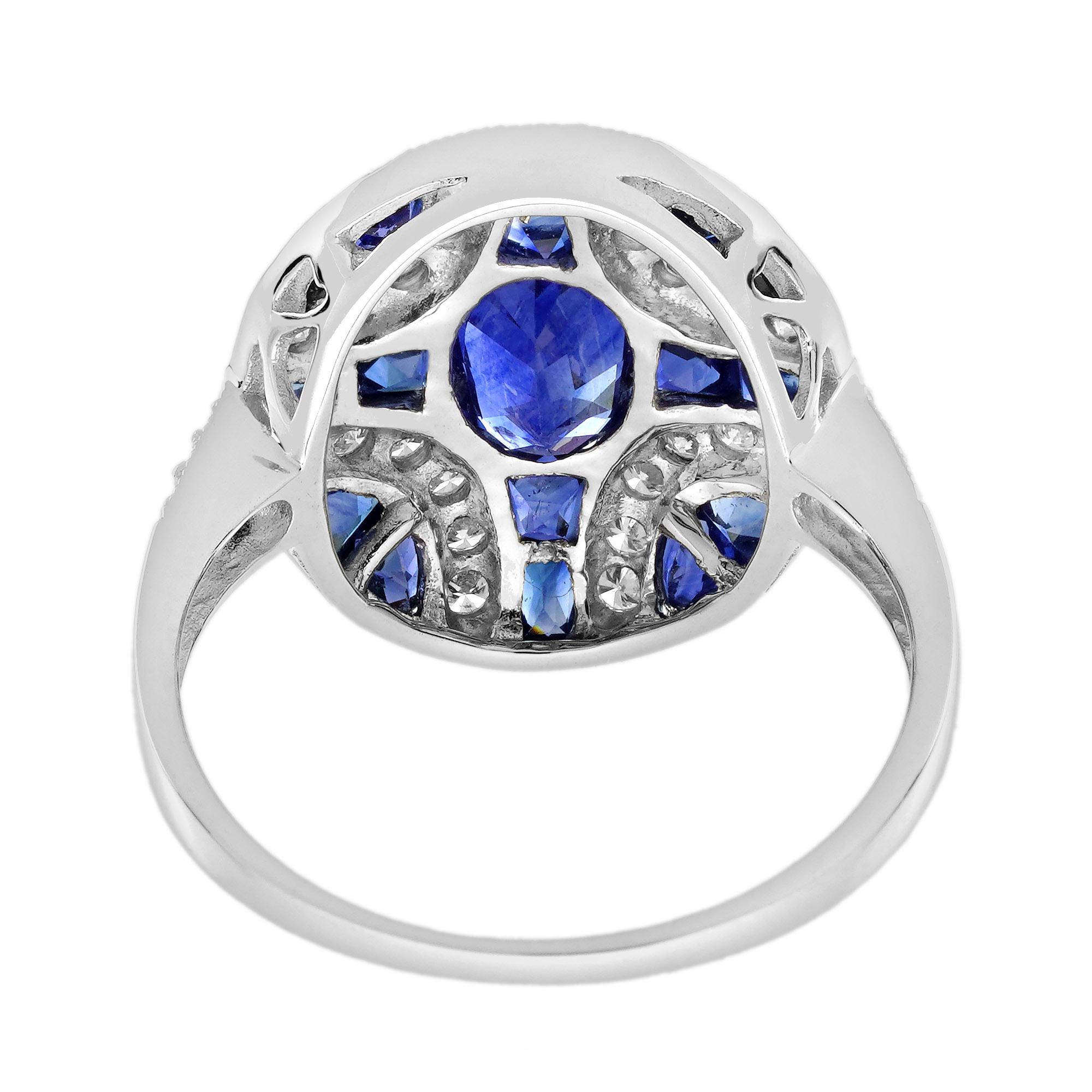 Bague de fiançailles en or blanc 18 carats, saphir bleu ovale et diamant, style Art déco Unisexe en vente