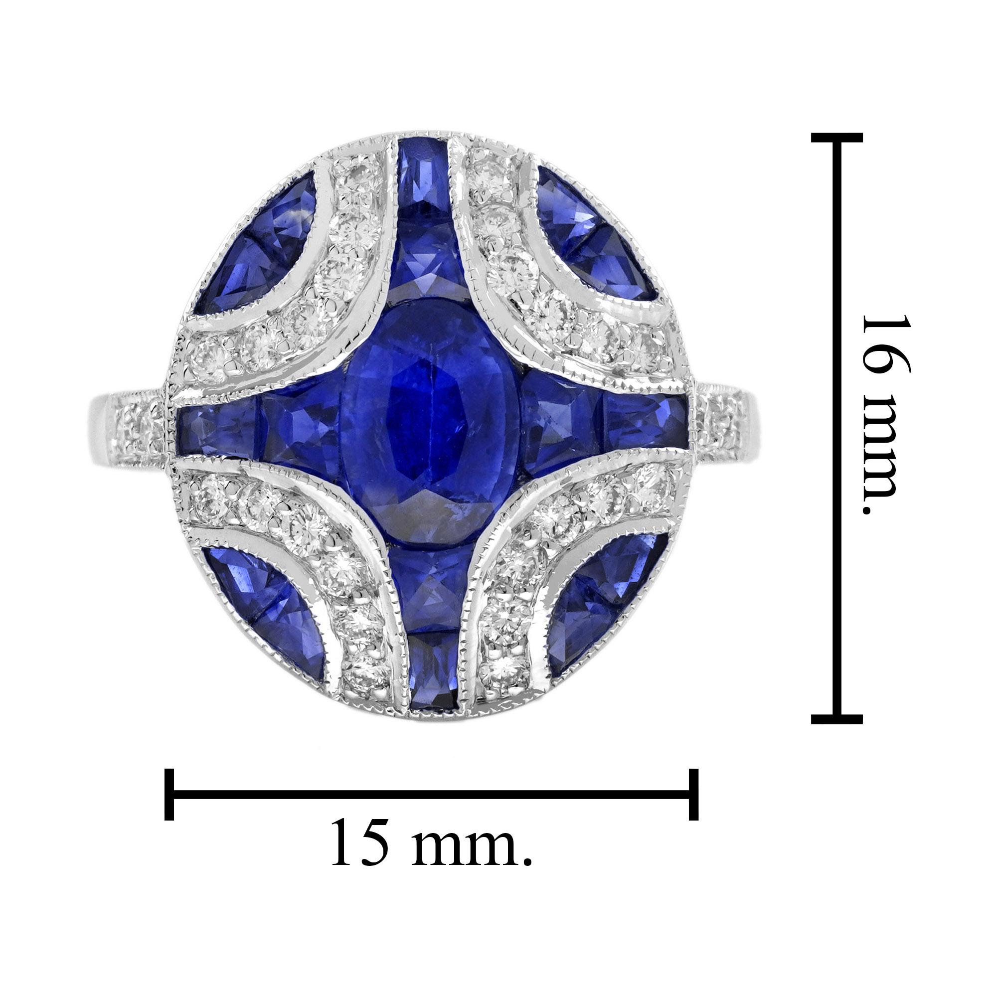 Bague de fiançailles en or blanc 18 carats, saphir bleu ovale et diamant, style Art déco en vente 3