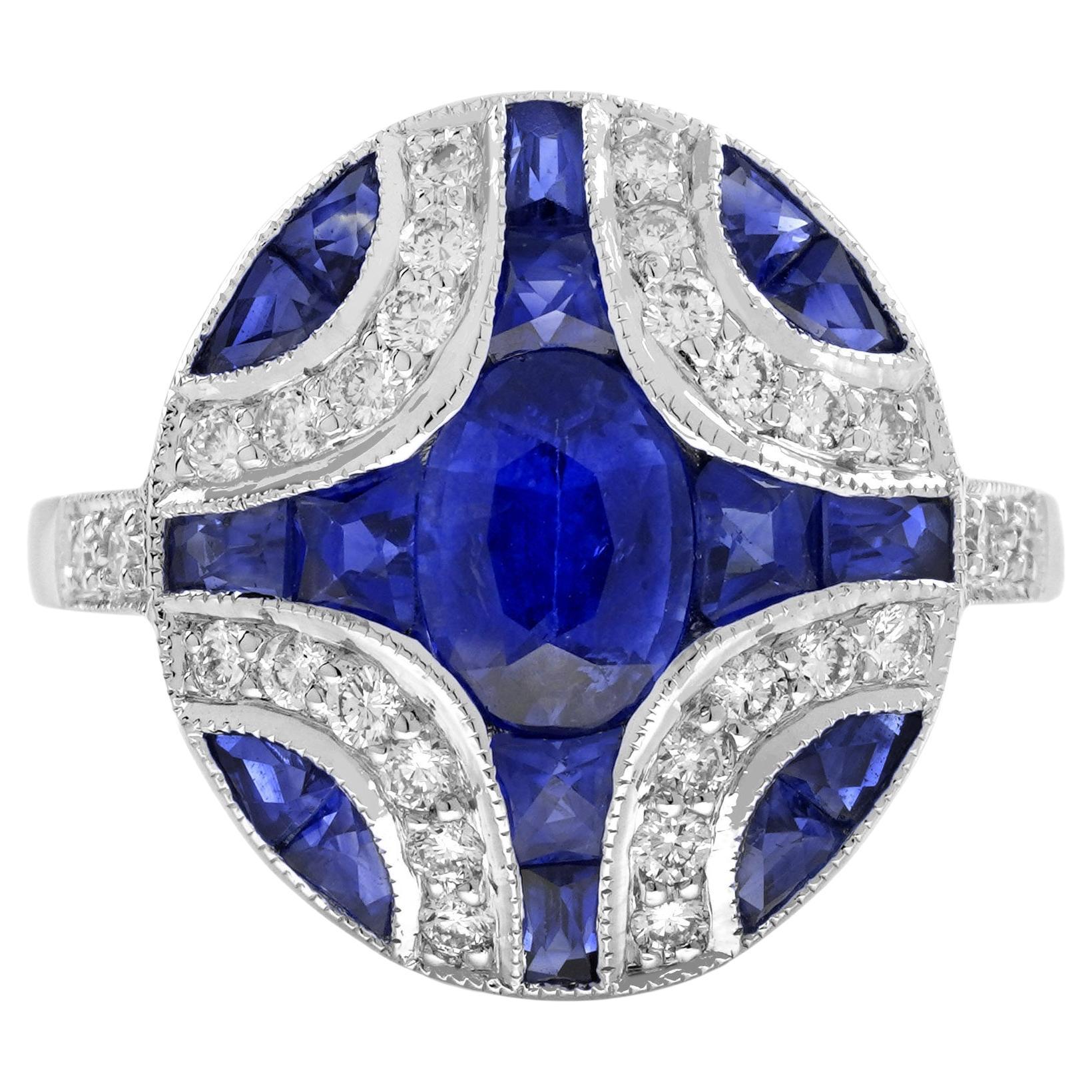 Oval Blue Sapphire & Diamond Art Deco Style Engagement 18K White Gold Ring