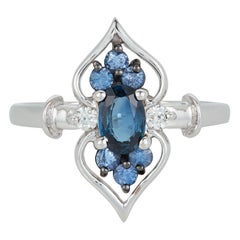 Oval Blue Sapphire Diamond Art Deco Style Marquise Fashion Ring 14 Karat Gold