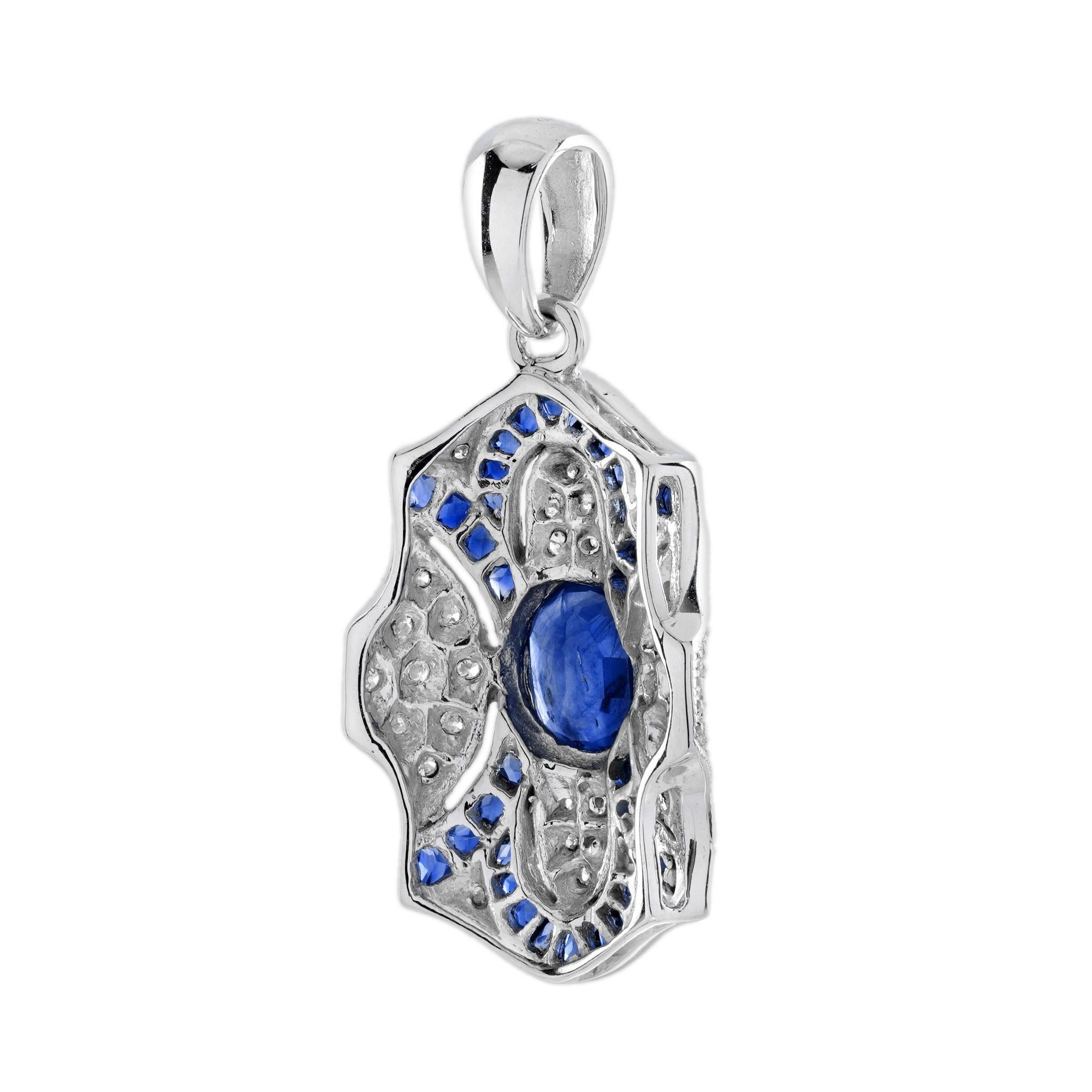Oval Blue Sapphire Diamond Art Deco Style Pendant in 18K White Gold In New Condition For Sale In Bangkok, TH