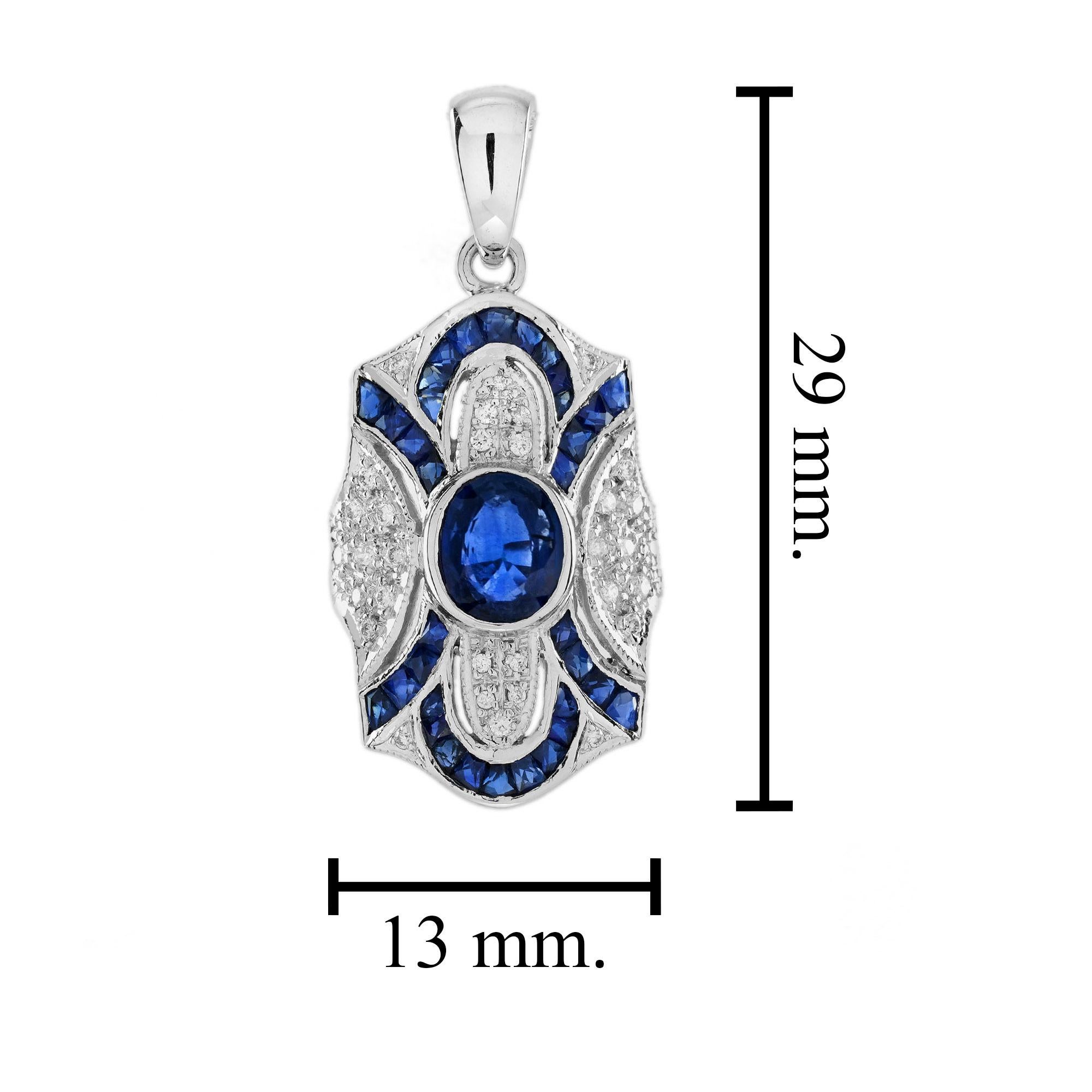 Women's Oval Blue Sapphire Diamond Art Deco Style Pendant in 18K White Gold For Sale