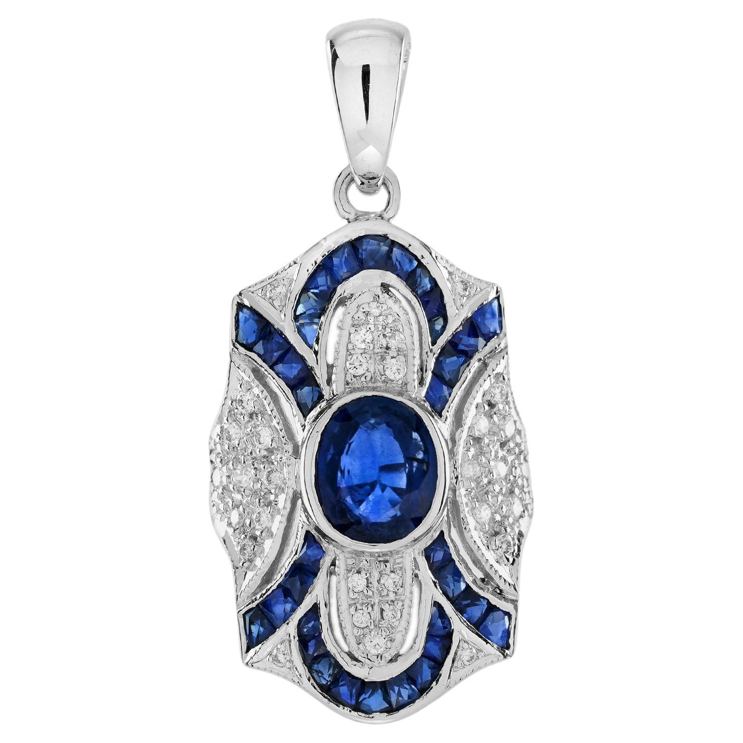 Oval Blue Sapphire Diamond Art Deco Style Pendant in 18K White Gold