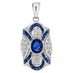 Oval Blue Sapphire Diamond Art Deco Style Pendant in 18K White Gold