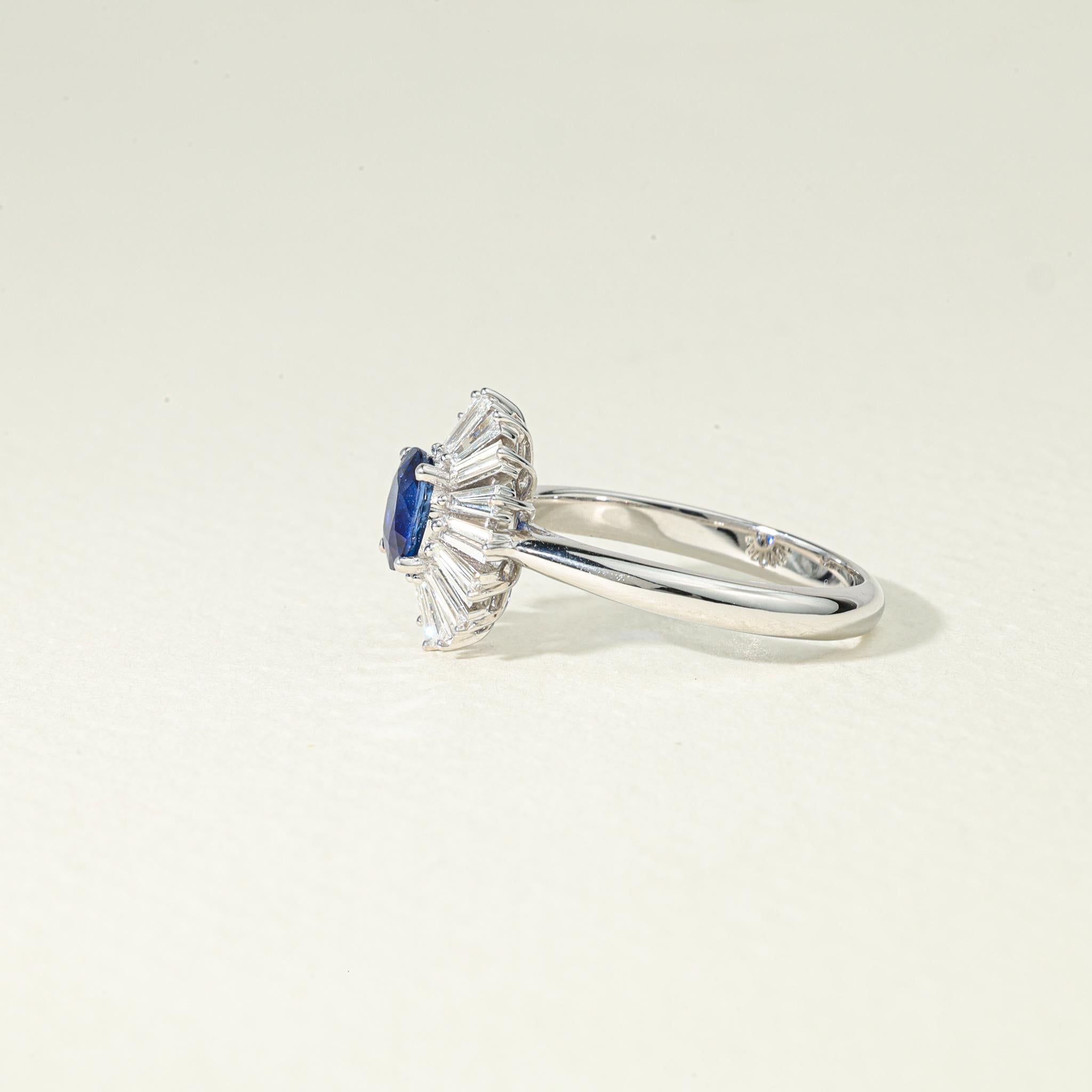 Oval Blue Sapphire Diamond Baguette Halo Cocktail Engagement Ring in White Gold For Sale 5