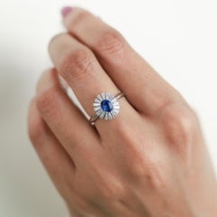 0.7ct Oval-Cut Blue Sapphire & Baguette Diamond Halo Engagement Ring in 18K Gold