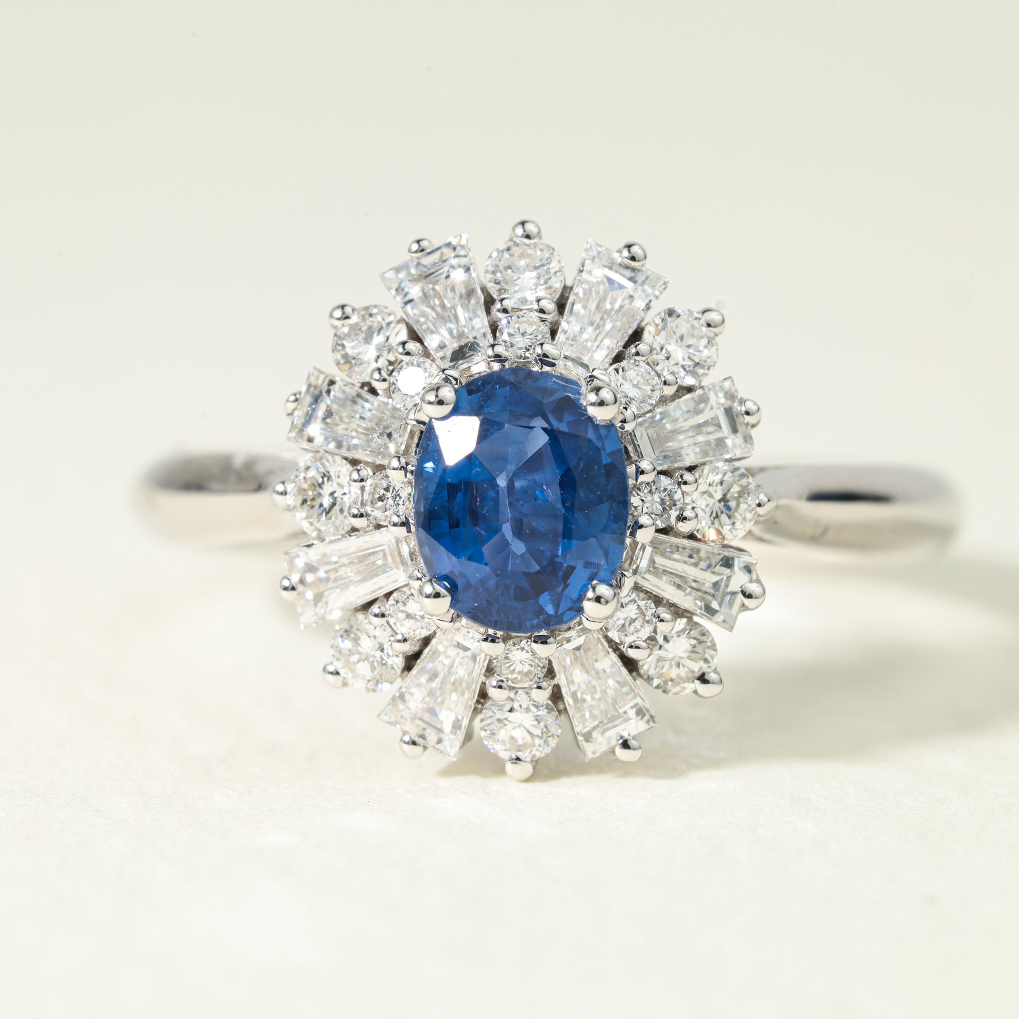 Oval Blue Sapphire Baguette Diamond Halo Cocktail Engagement Ring in 18k White Gold

Available in 18k white gold.

Same design can be made also with other custom gemstones per request.

Product details:

- Solid gold

- Diamond - approx. 0.68