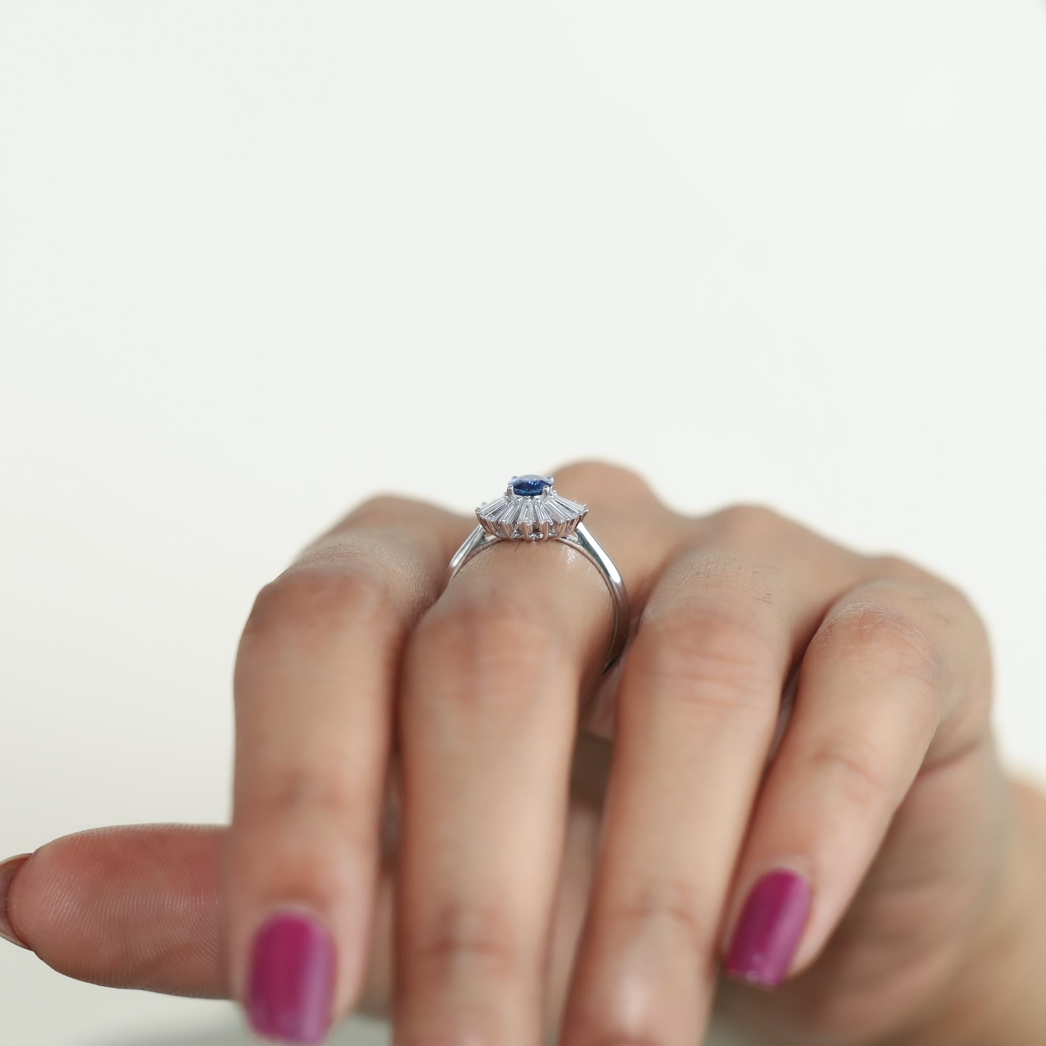 Oval Blue Sapphire Diamond Baguette Halo Cocktail Engagement Ring in White Gold In New Condition For Sale In Jaipur, RJ