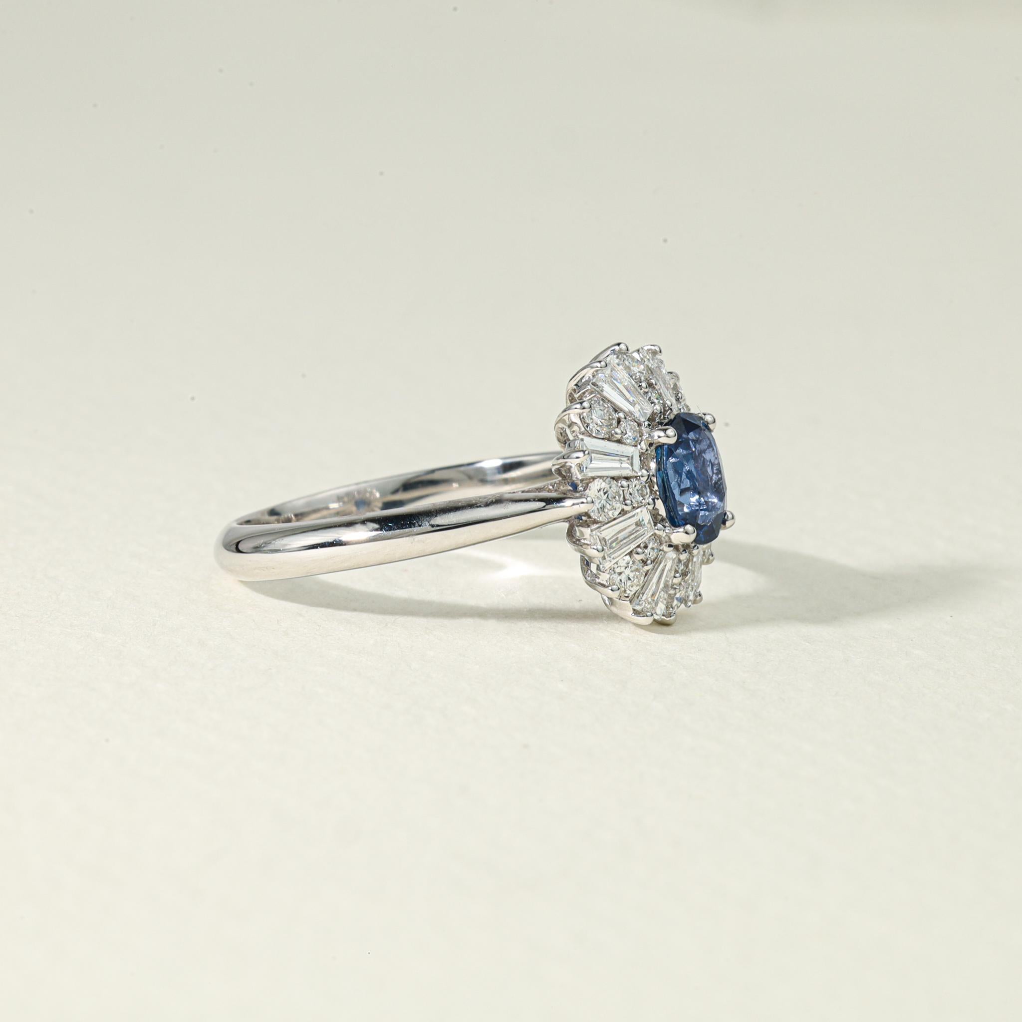 Oval Blue Sapphire Diamond Baguette Halo Cocktail Engagement Ring in White Gold For Sale 2