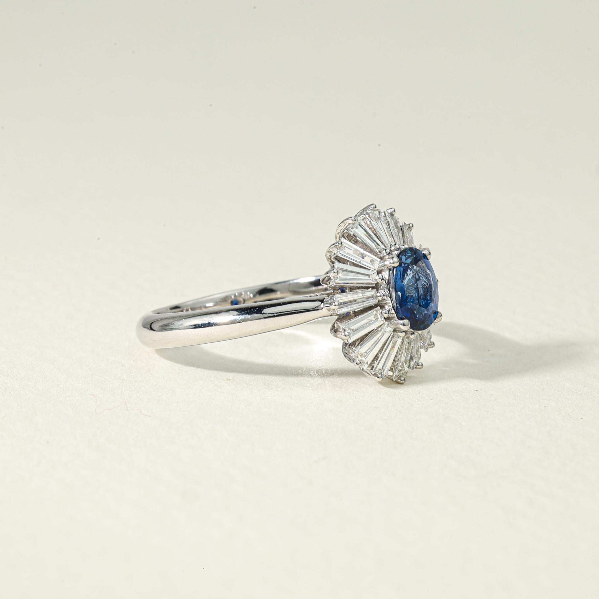 Oval Blue Sapphire Diamond Baguette Halo Cocktail Engagement Ring in White Gold For Sale 3