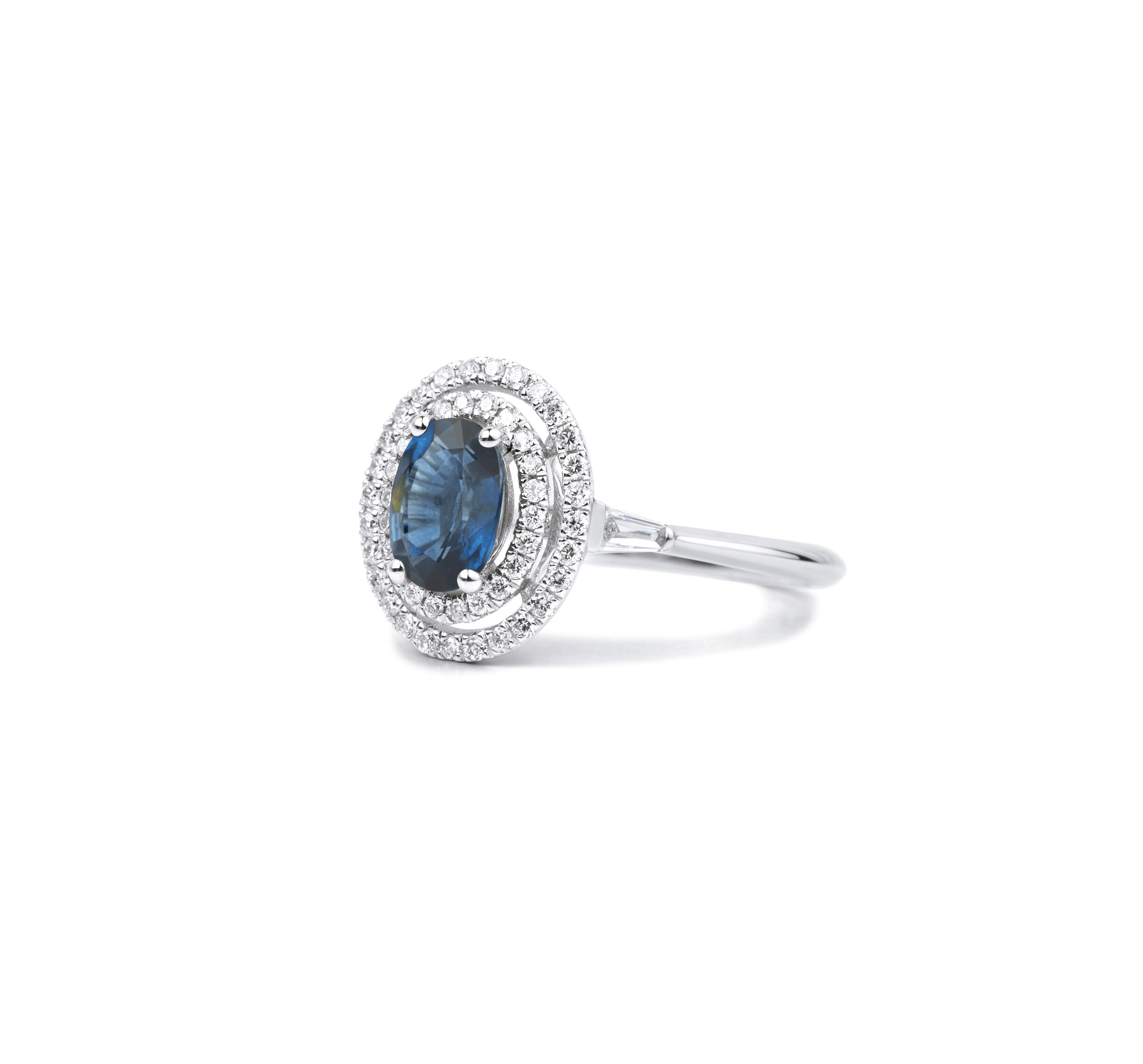 Art Deco Oval Blue Sapphire Diamond Baguette Round Cut Double Halo Cocktail Ring For Sale