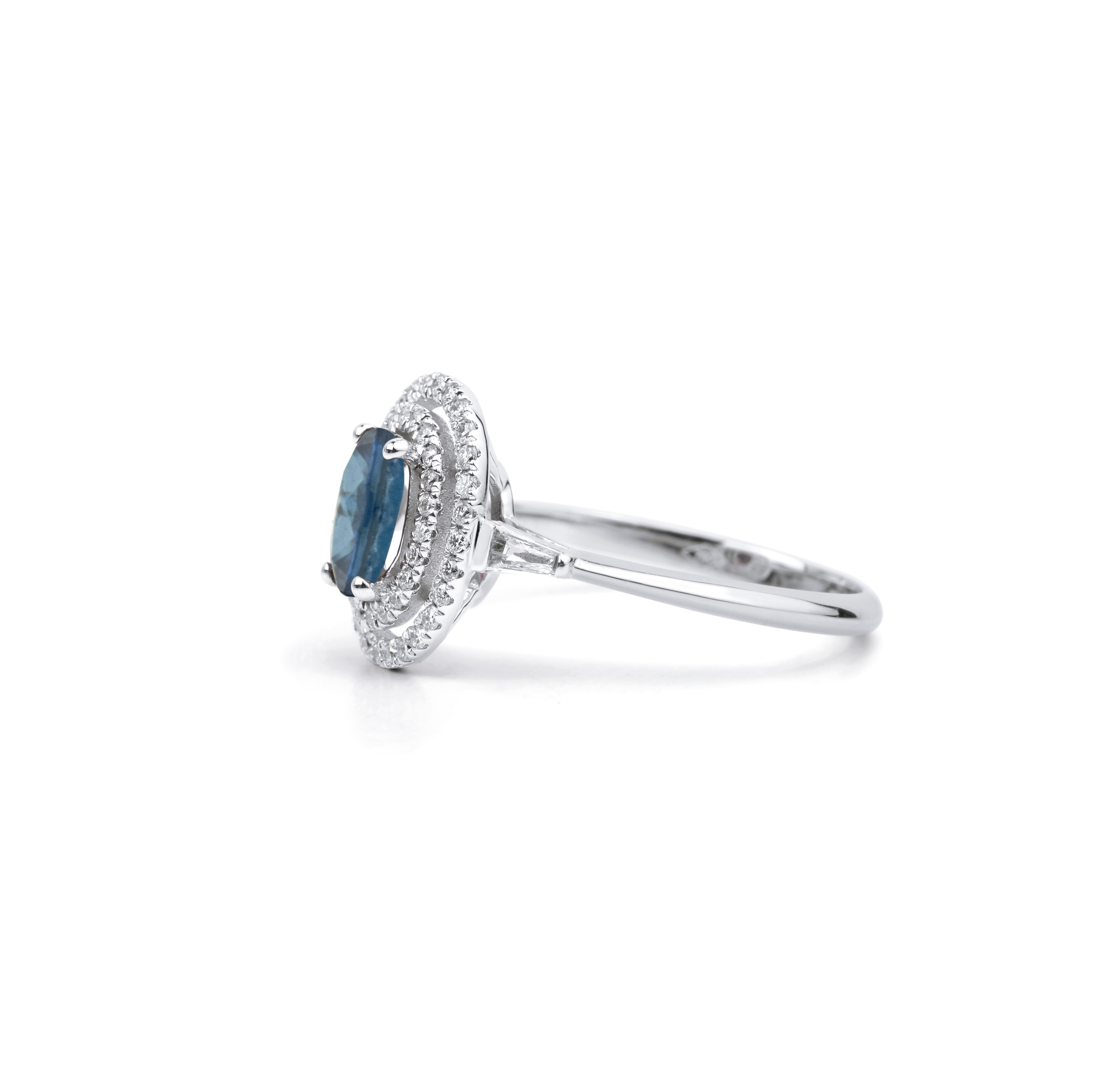 Oval Cut Oval Blue Sapphire Diamond Baguette Round Cut Double Halo Cocktail Ring For Sale