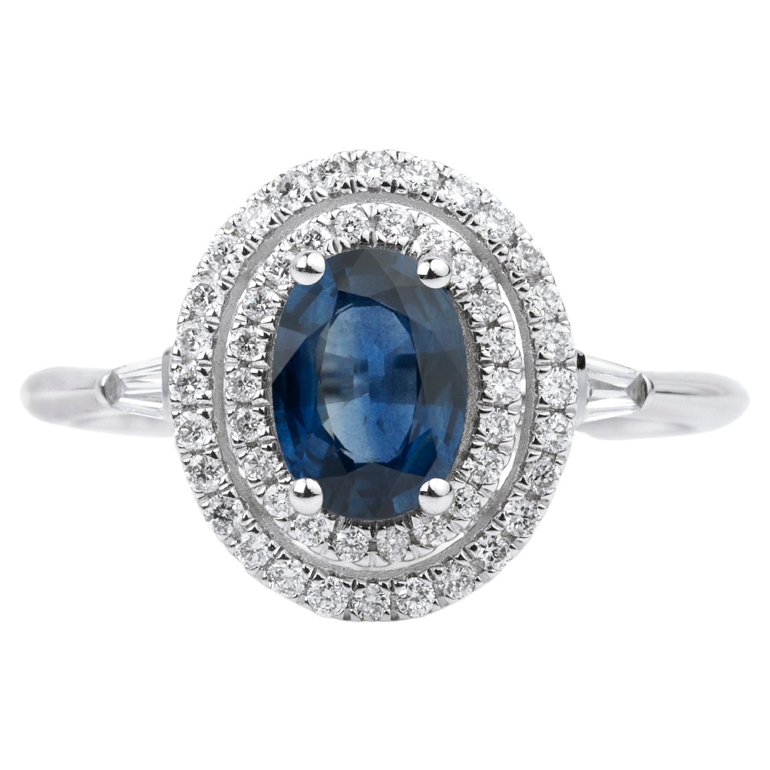 Oval Blue Sapphire Diamond Baguette Round Cut Double Halo Cocktail Ring