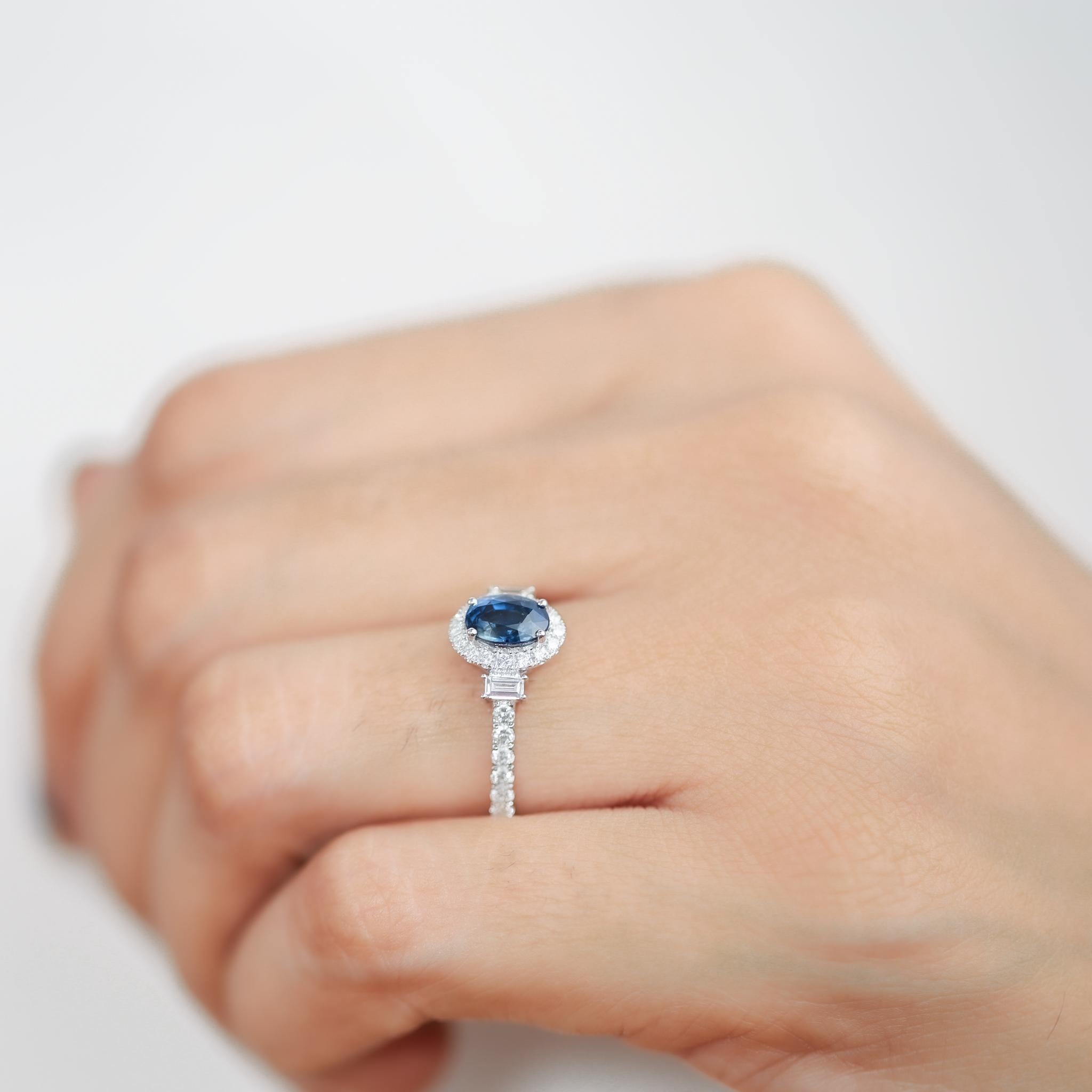 Oval Blue Sapphire Diamond Baguette Round Cut Double Halo Cocktail Ring

Available in 18k white gold.

Same design can be made also with other custom gemstones per request.

Product details:

- Solid gold

- Diamond - approx. 0.54 carat

- Sapphire