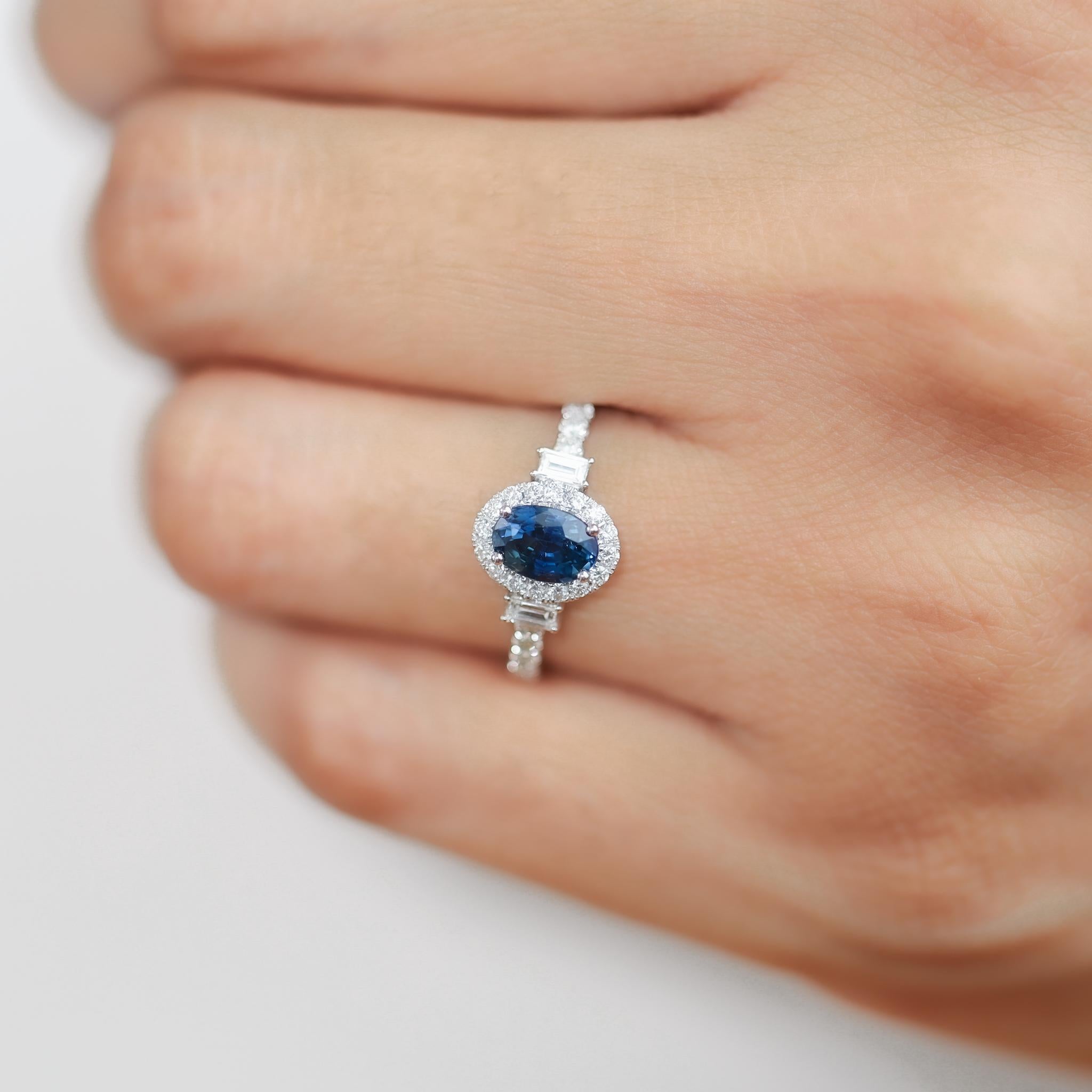 Art Deco Oval Blue Sapphire Diamond Baguette Round Cut Halo Engagement Ring For Sale