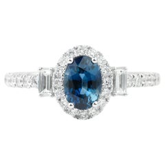 Ovaler Blauer Saphir Diamant Baguette Rundschliff Halo Verlobungsring